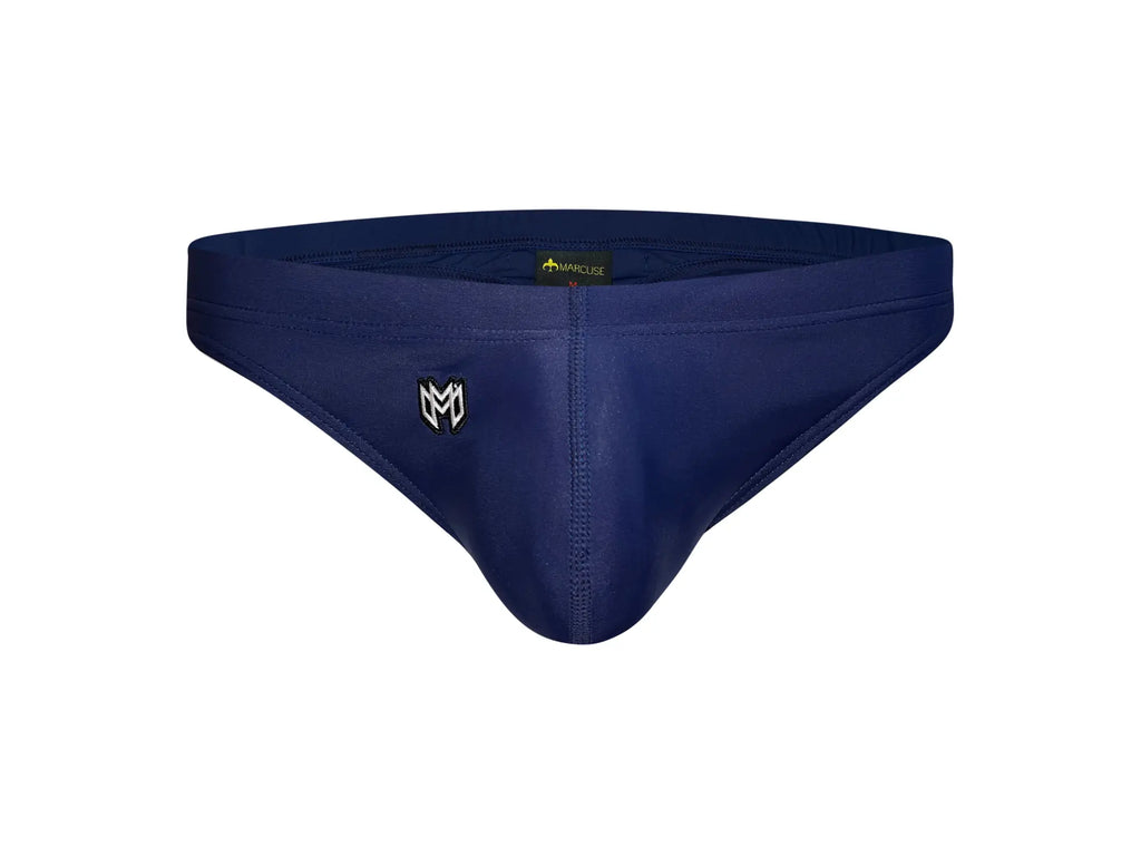 Navy blue marcuse inflate thong swimwear with subtle logo and yellow waistband tag designed for swimwear use