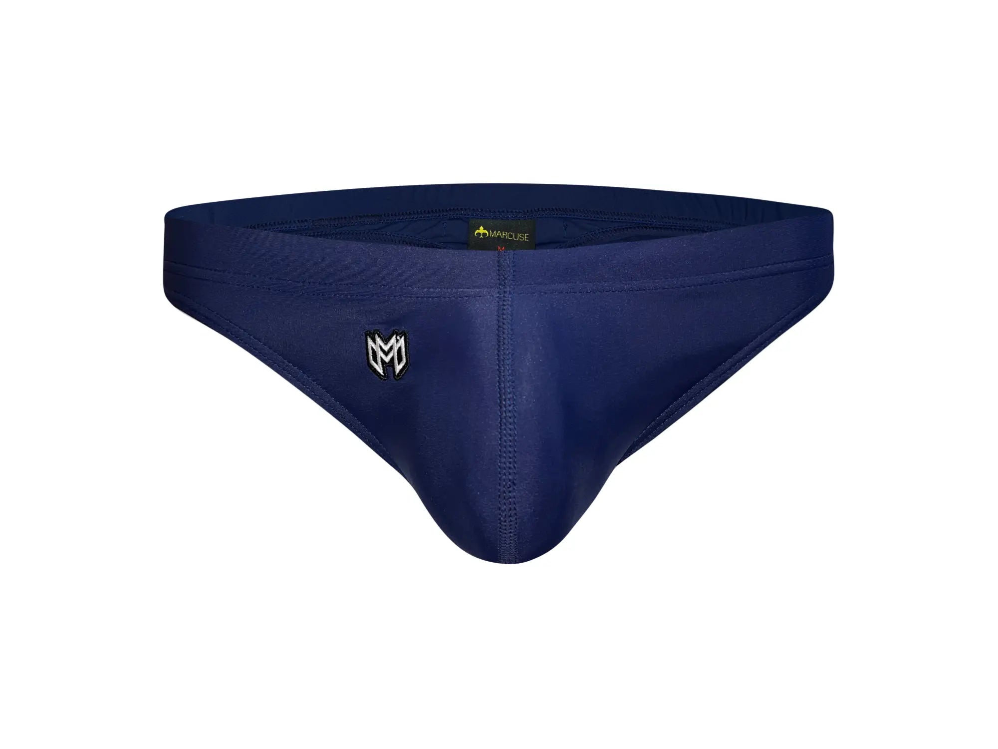 Navy blue marcuse inflate thong swimwear with subtle logo and yellow waistband tag designed for swimwear use