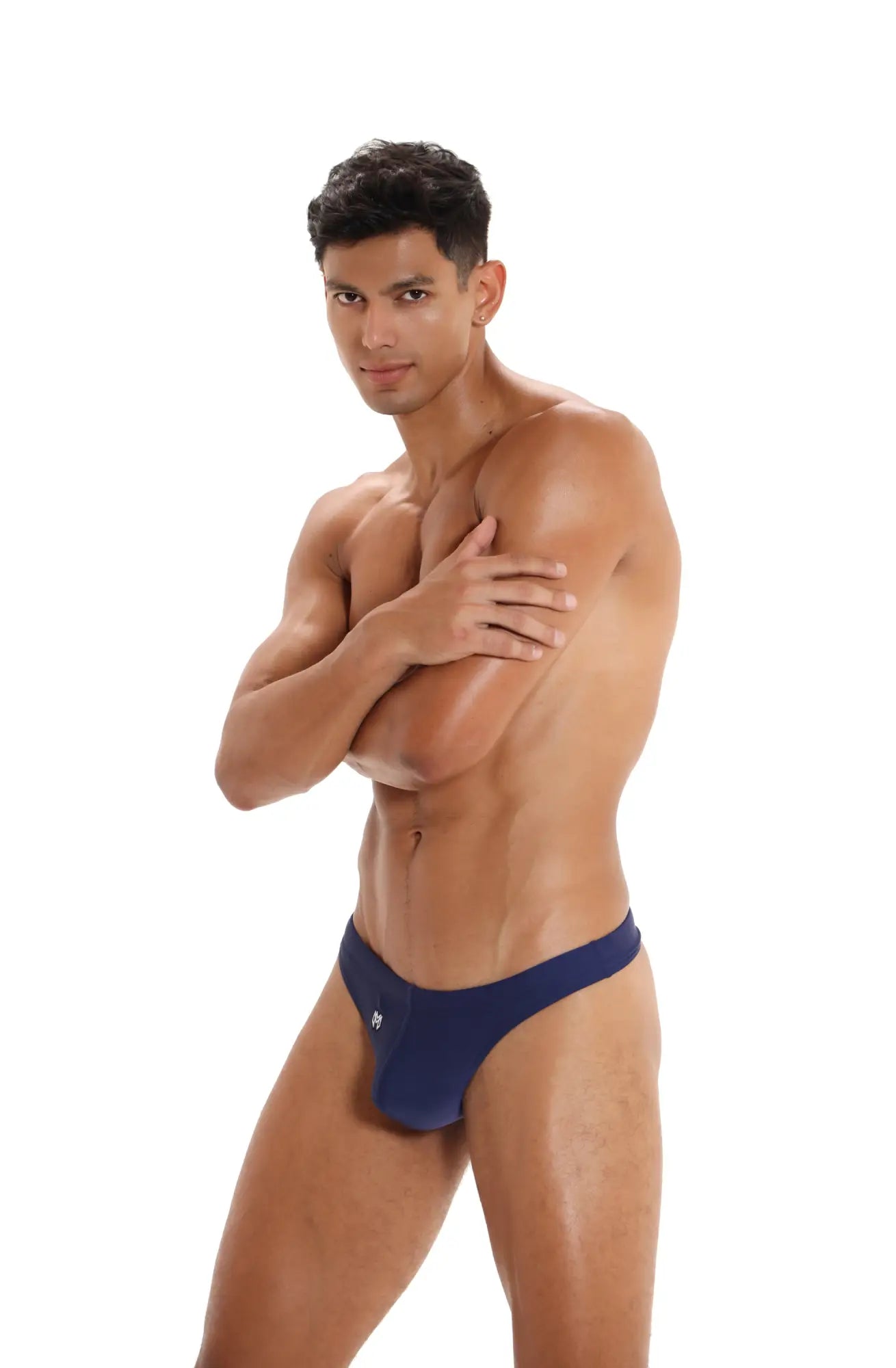 Navy blue marcuse inflate thong swimwear briefs with a small logo on the left hipband for swim use
