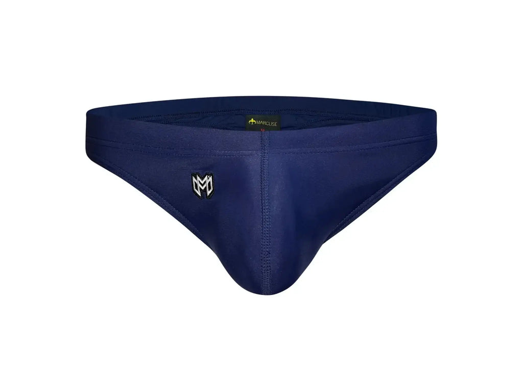 Navy blue marcuse inflate thong swimwear with subtle logo and yellow waistband tag designed for swimwear use