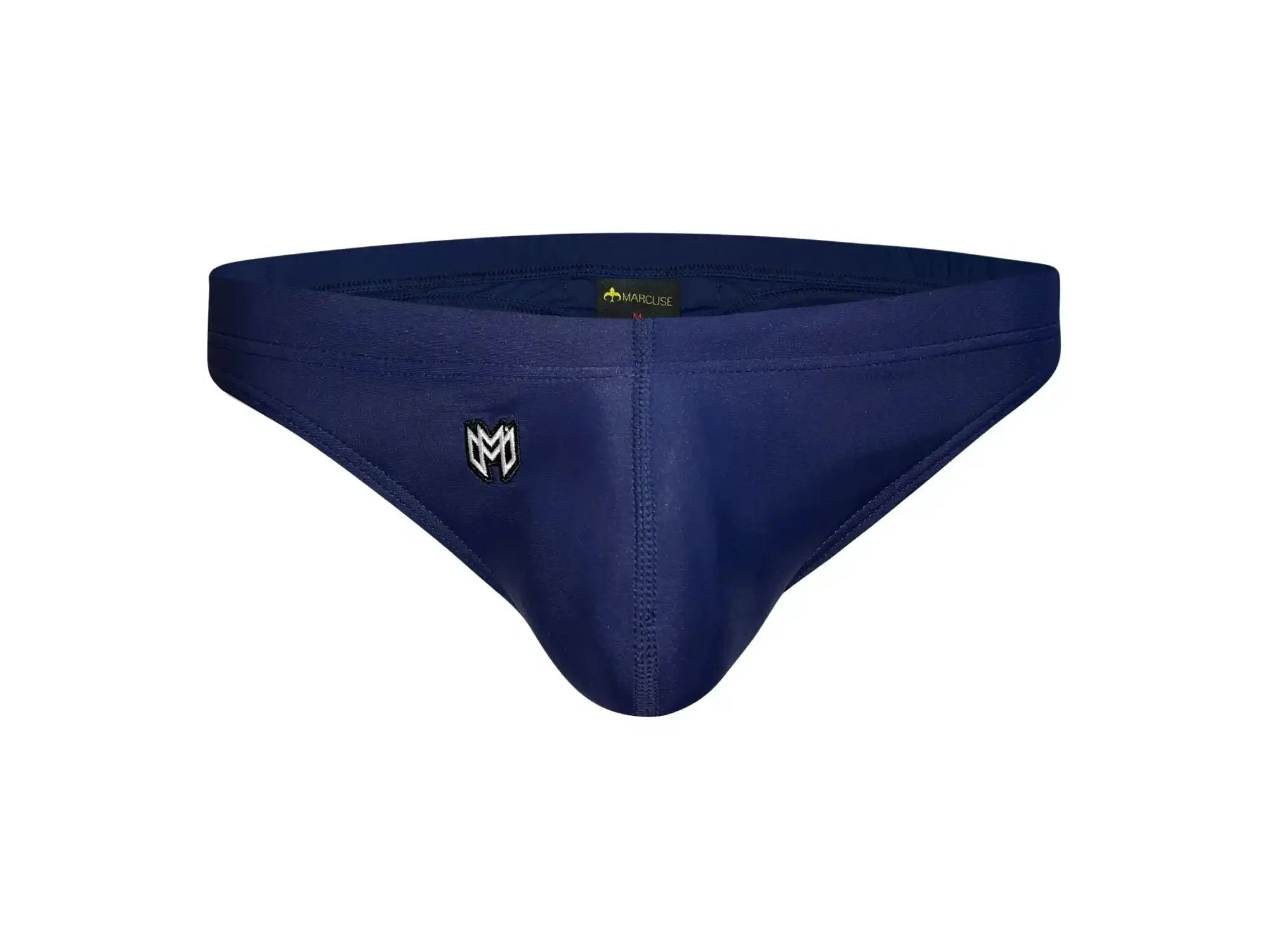 Navy blue marcuse inflate thong swimwear with subtle logo and yellow waistband tag designed for swimwear use