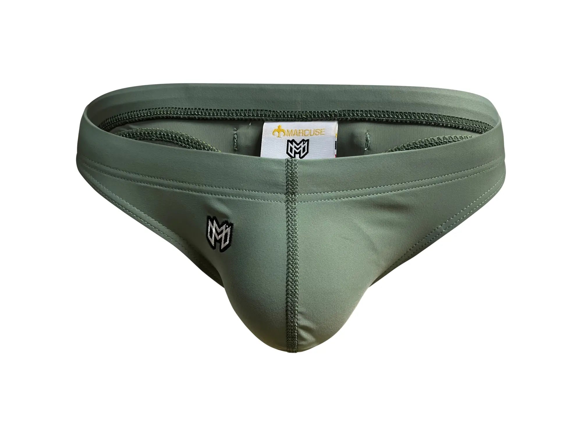 Olive green marcuse inflate thong swimwear with central seam and black embroidered logo for men