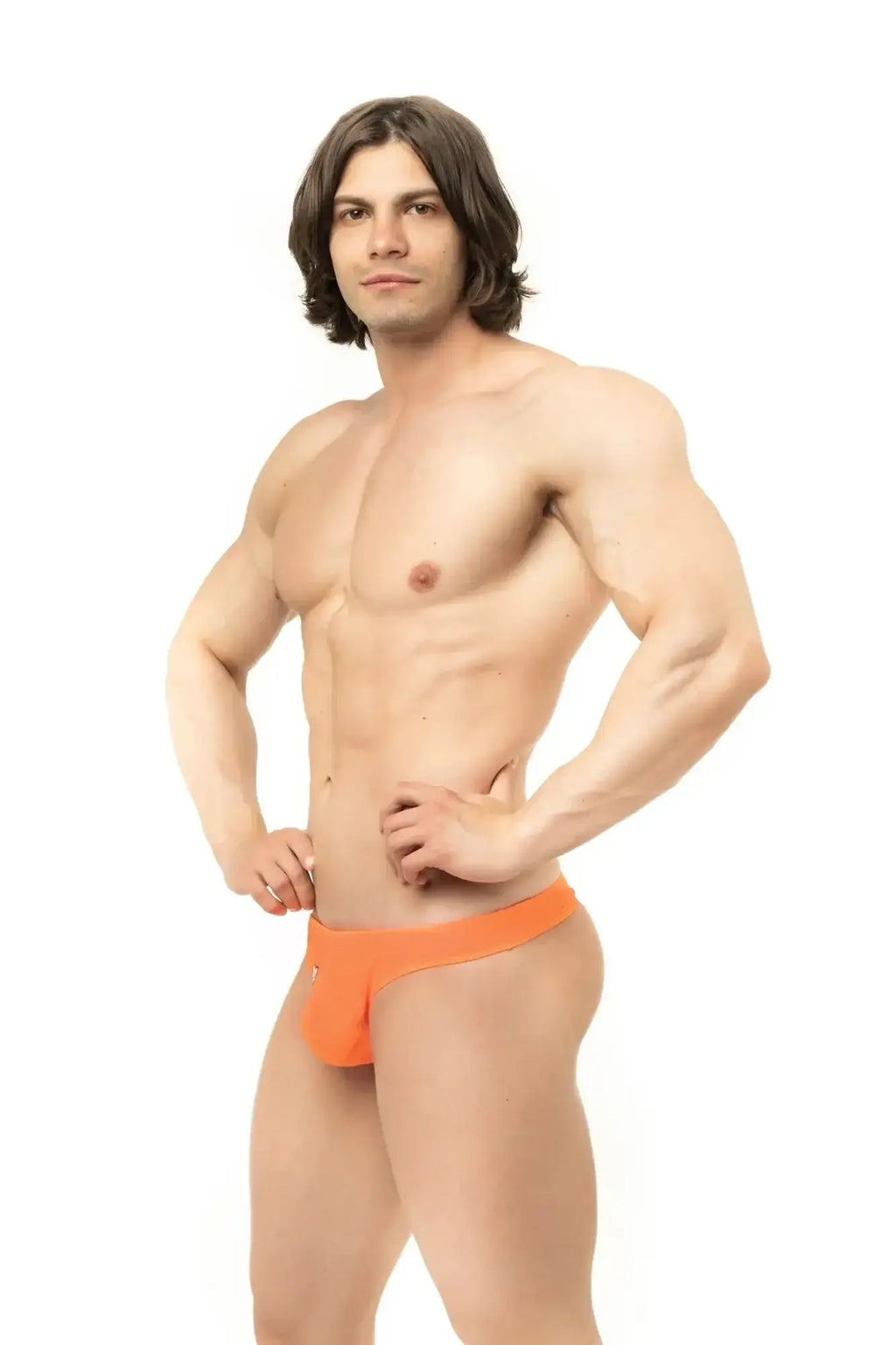 Orange marcuse inflate thong swimwear with snug fit smooth fabric athletic briefs front view