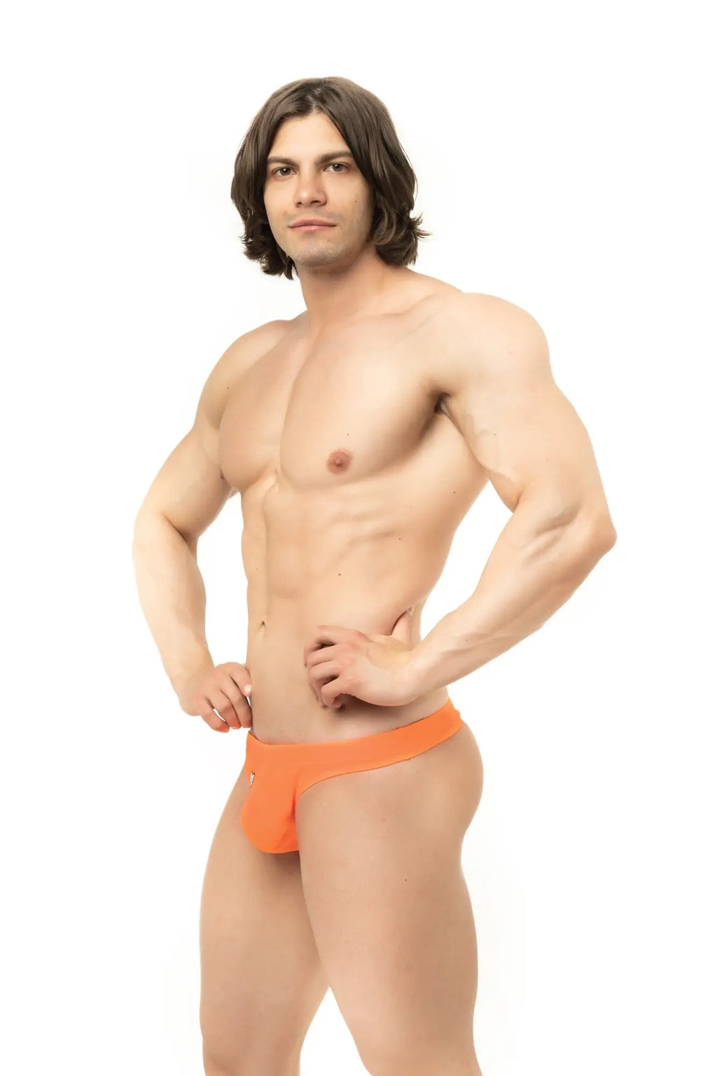 Orange marcuse inflate thong swimwear with snug fit smooth fabric athletic briefs front view