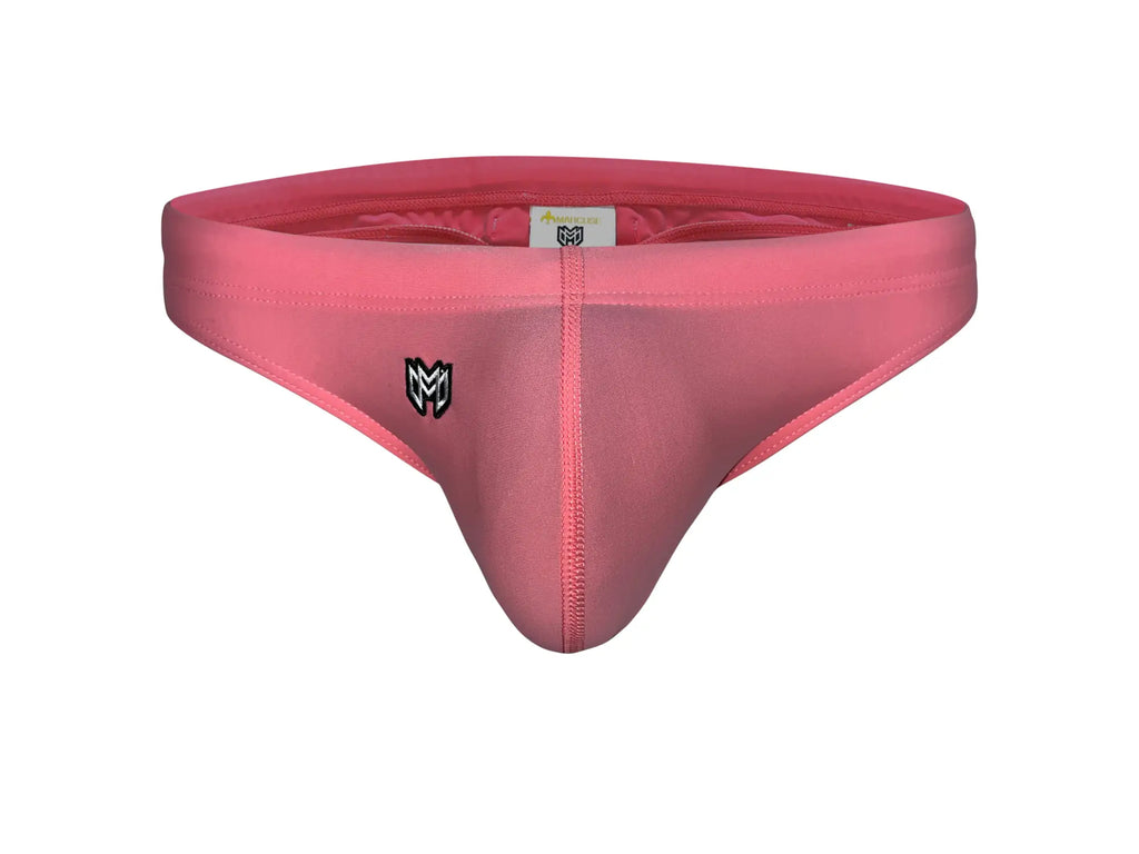 Pink athletic briefs with black marcuse logo and pink center zipper designed as inflate thong swimwear