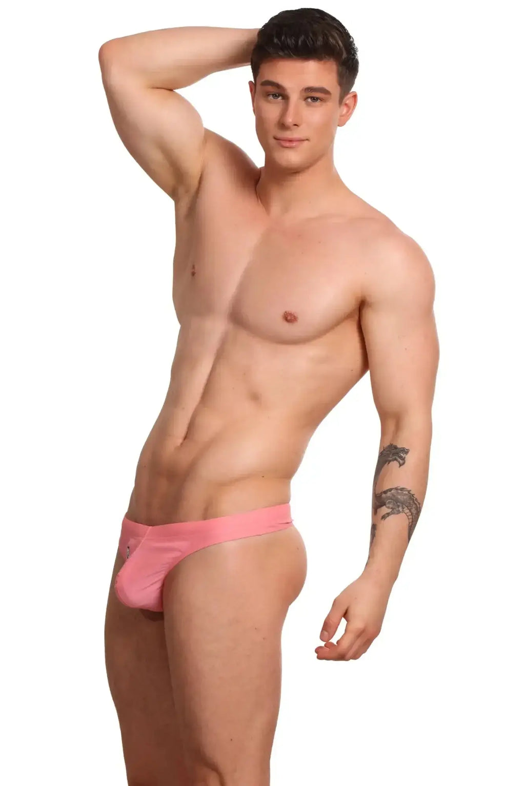 Pink marcuse inflate thong swimwear briefs with subtle front logo designed for athletic use