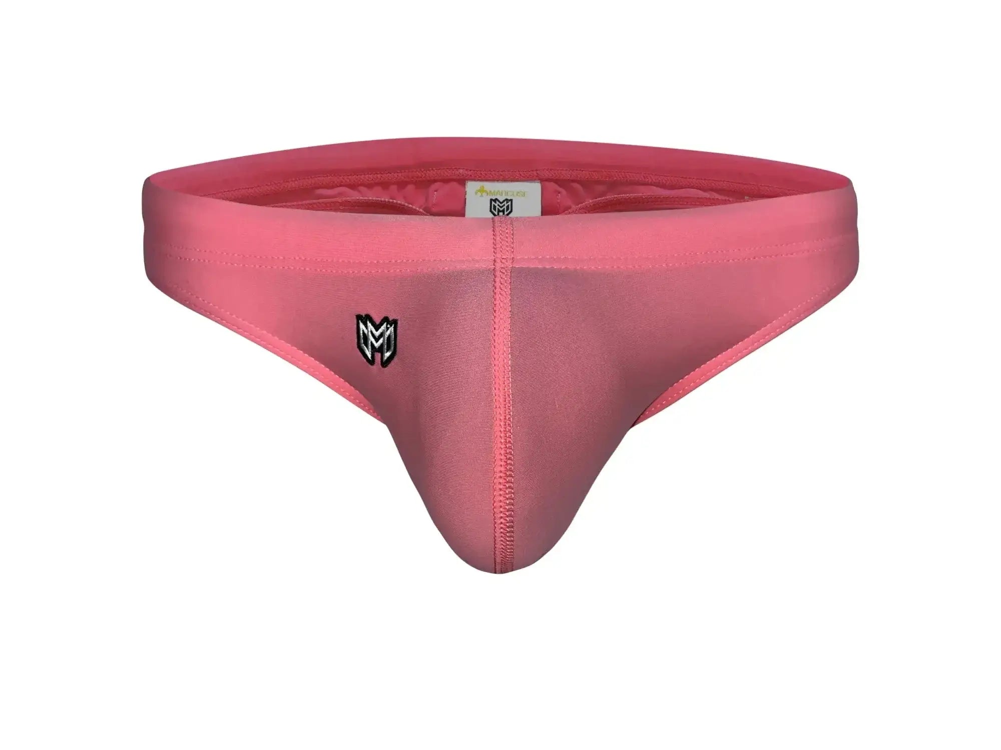 Pink athletic briefs with black marcuse logo and pink center zipper designed as inflate thong swimwear