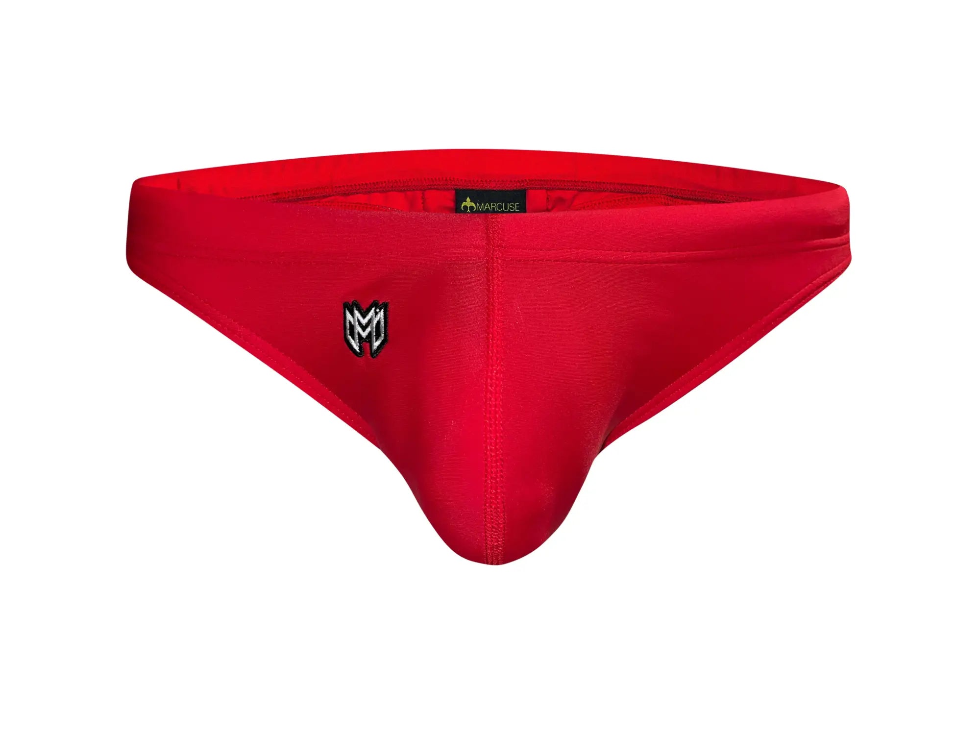 Red marcuse inflate thong swimwear with black embroidered logo and small brand tag at the waistband