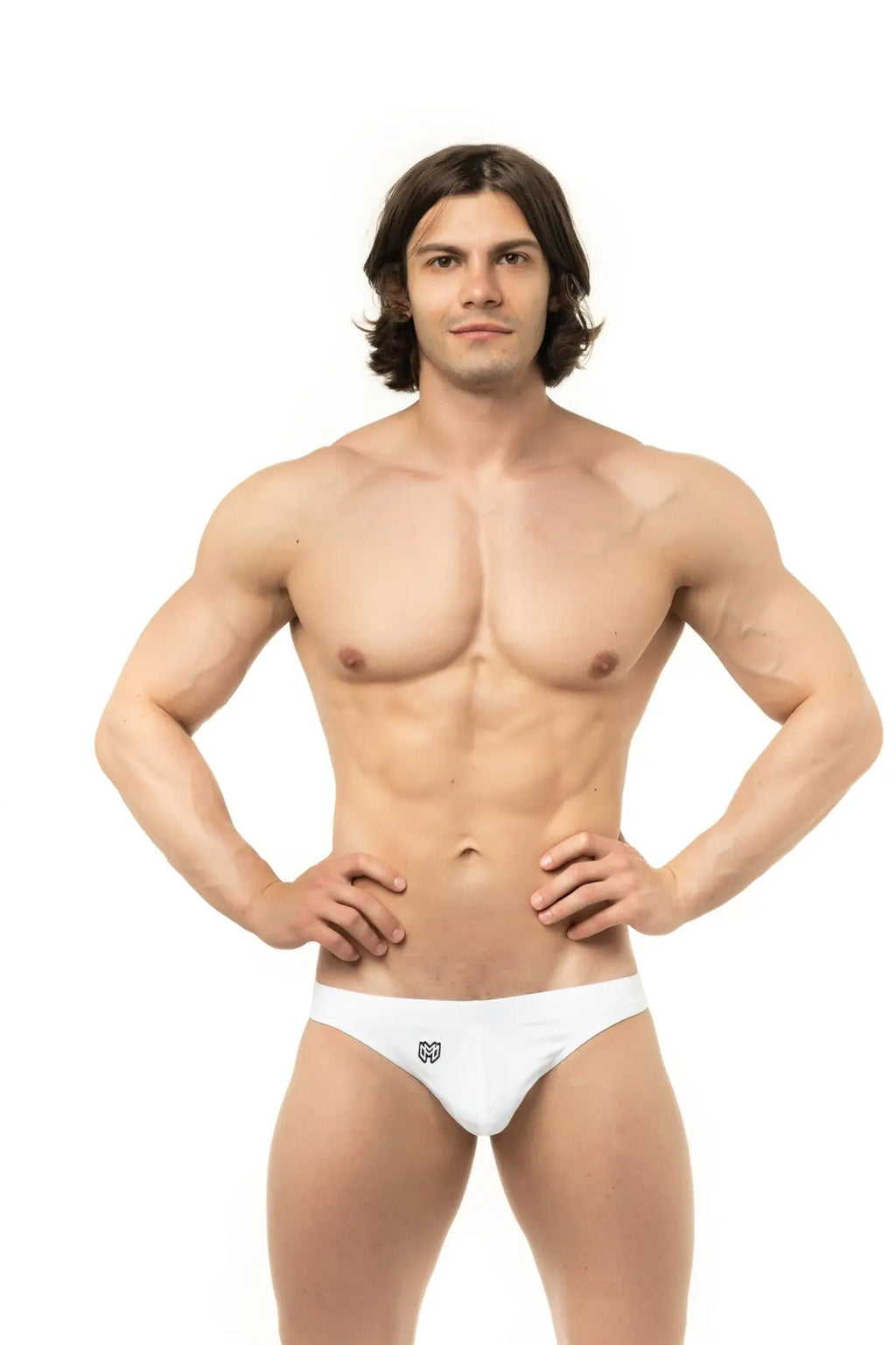 White marcuse inflate thong swimwear with a small black logo on the front made of stretch fabric for swimming