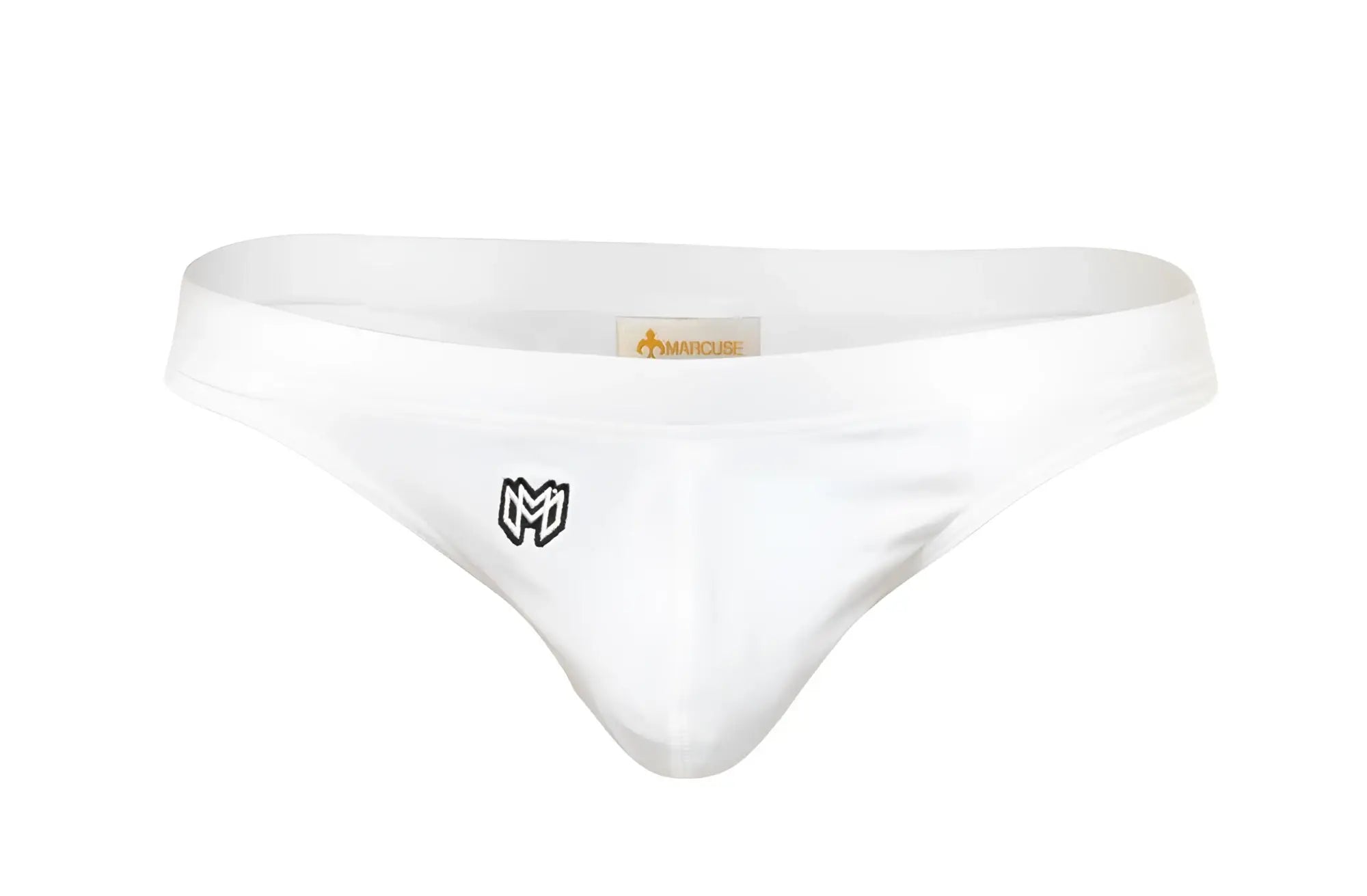 White mens thong swimwear with black embroidered logo on front and orange marcuse brand tag at waistband