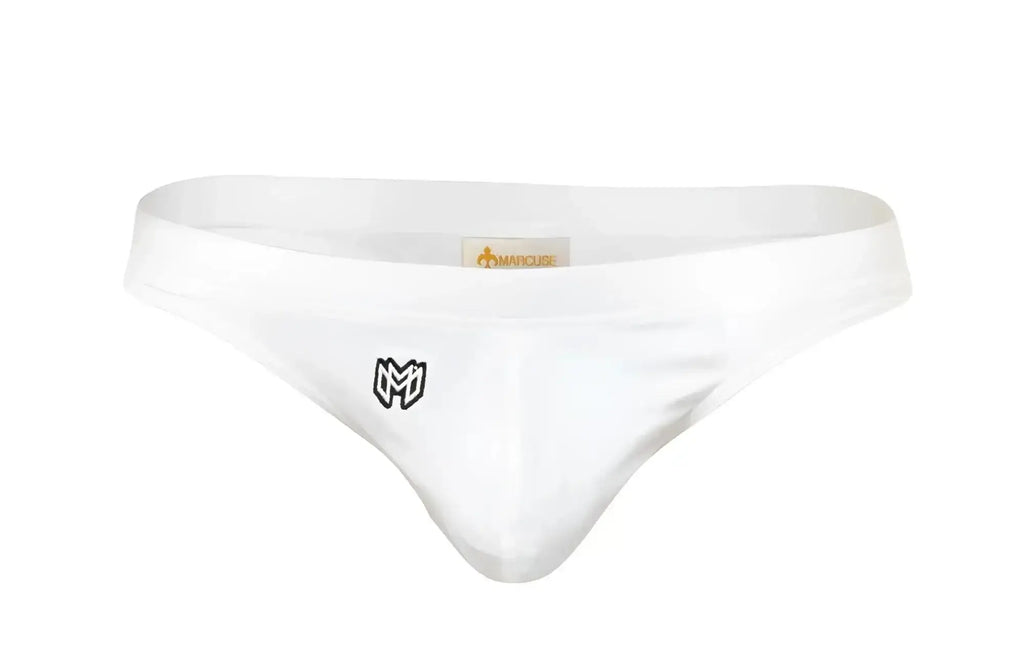 White mens thong swimwear with black embroidered logo on front and orange marcuse brand tag at waistband