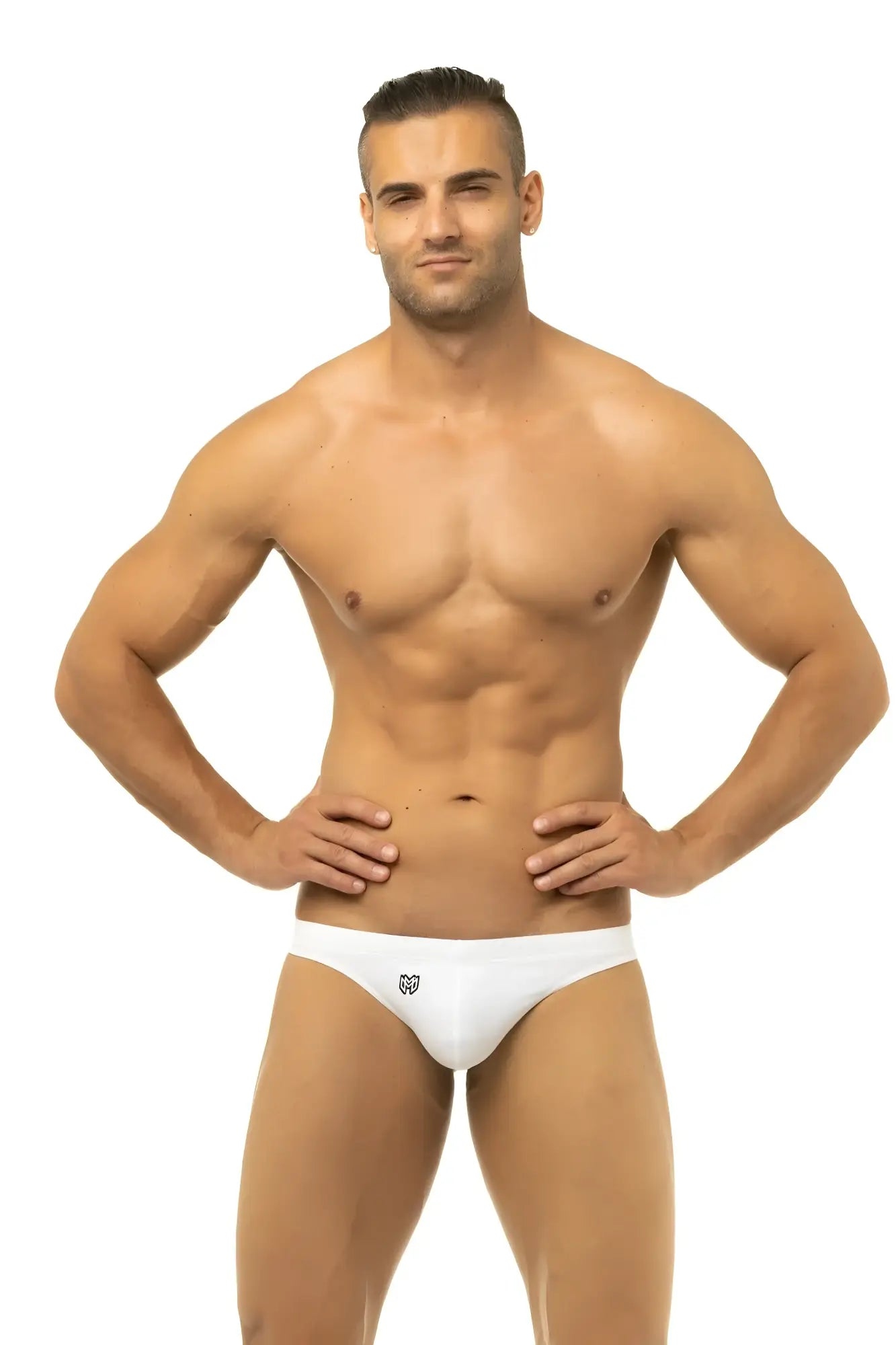 White marcuse inflate thong swimwear briefs with a small black logo on the front designed for swim use