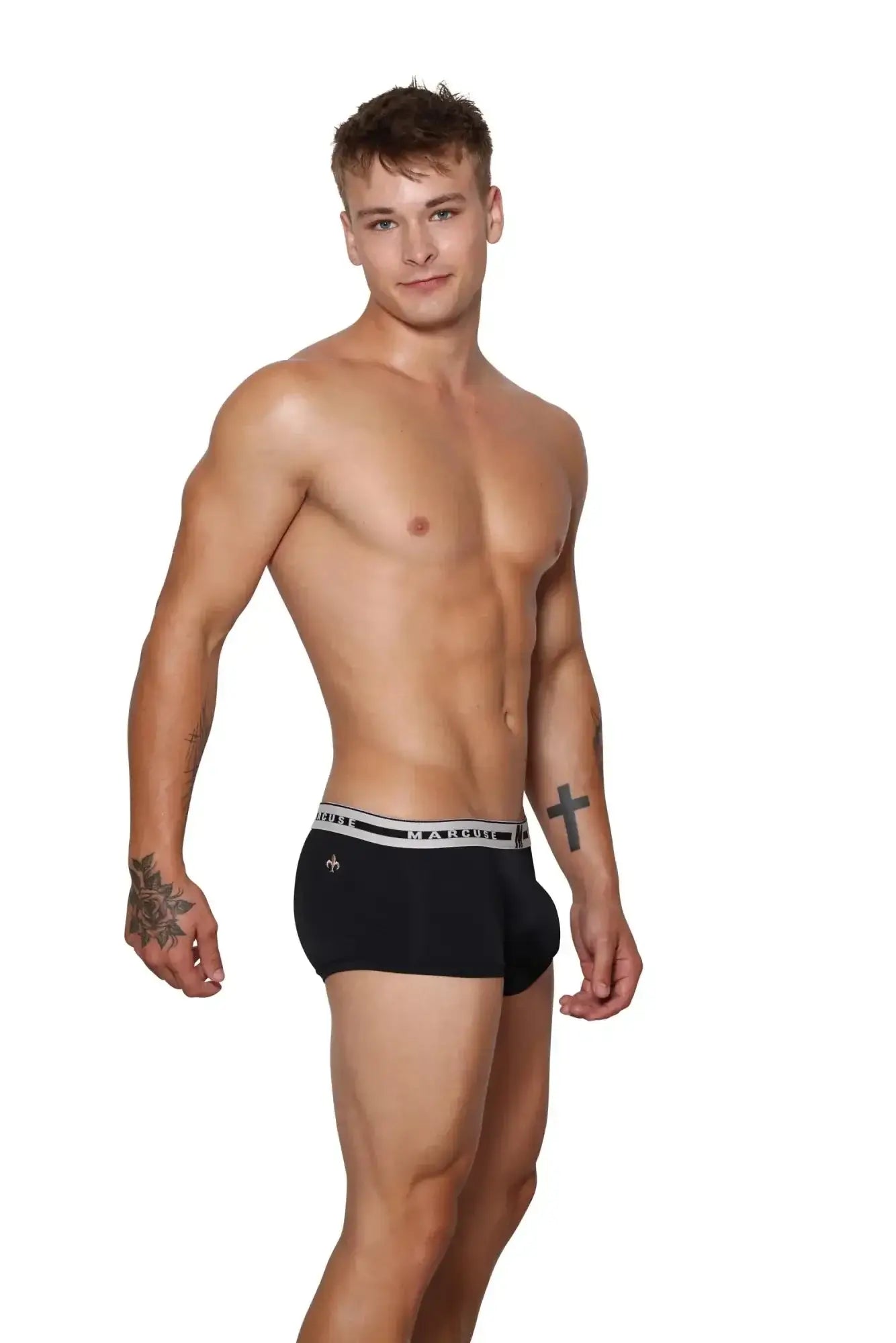 Black men’s briefs with white elastic waistband featuring doss brand name and logo from marcuse intimate boxer underwear