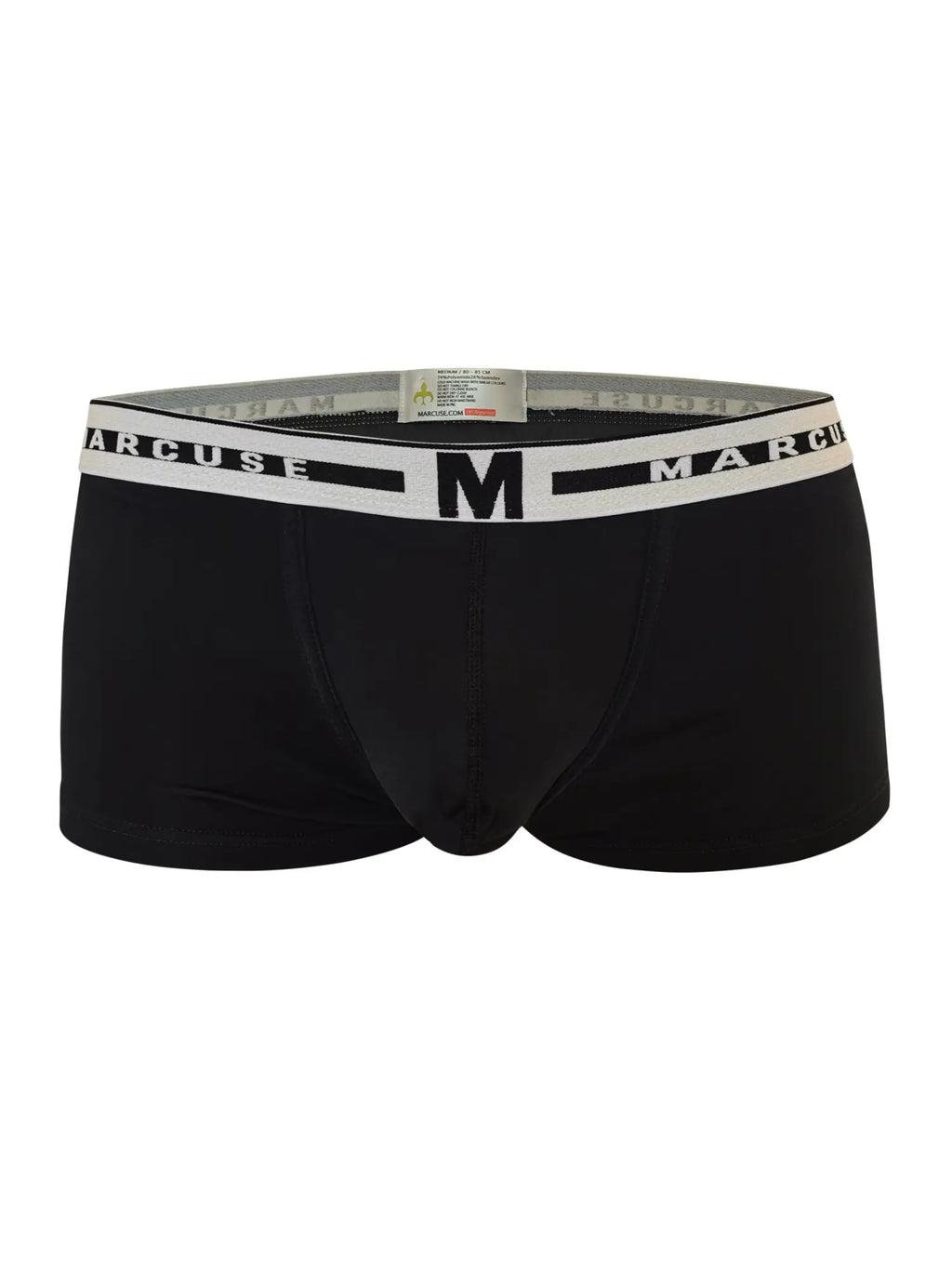 Black mens briefs with a white elastic waistband featuring the arcuse brand name and a large black m logo for comfort