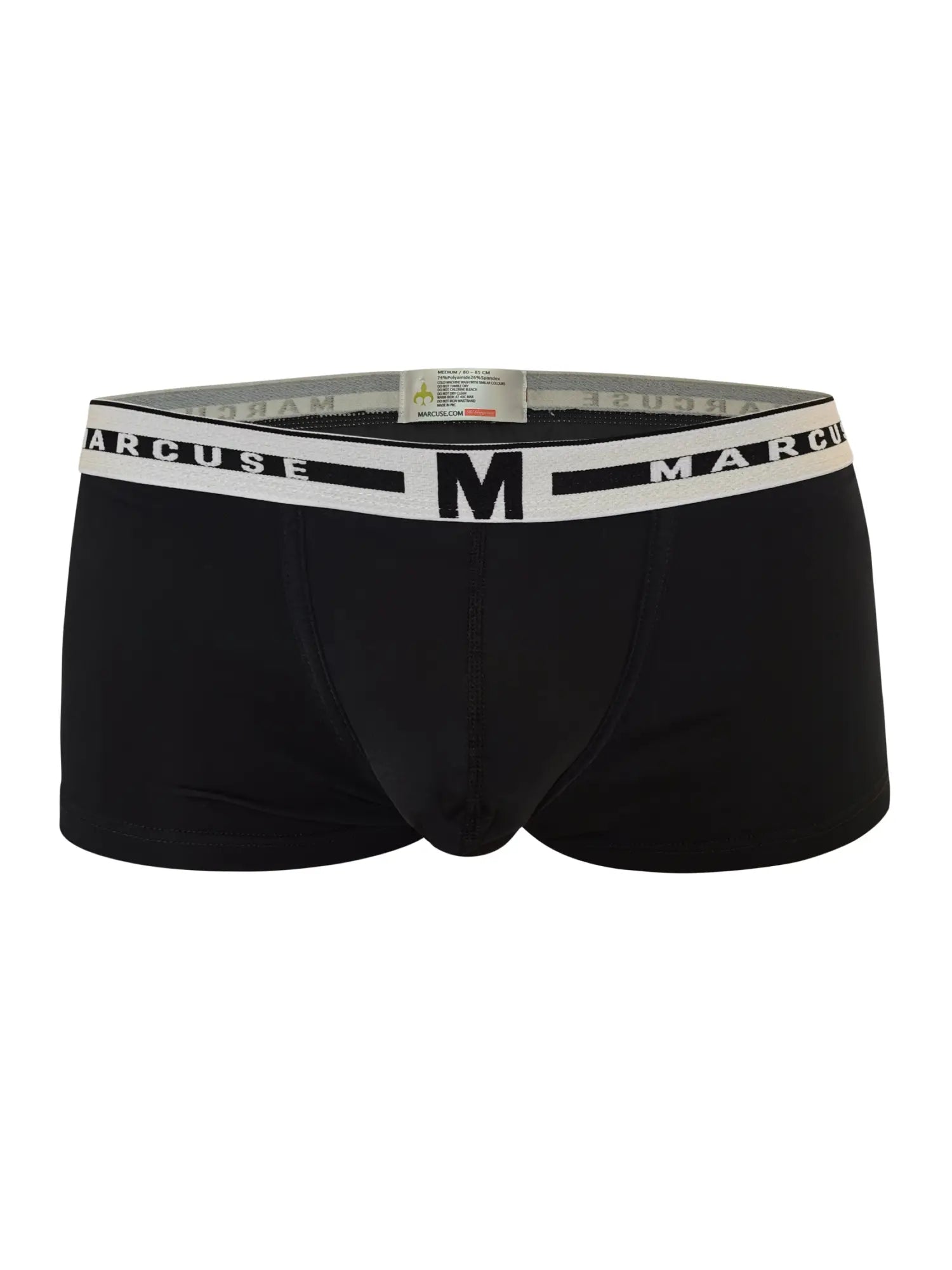 Black mens briefs with a white elastic waistband featuring the arcuse brand name and a large black m logo for comfort