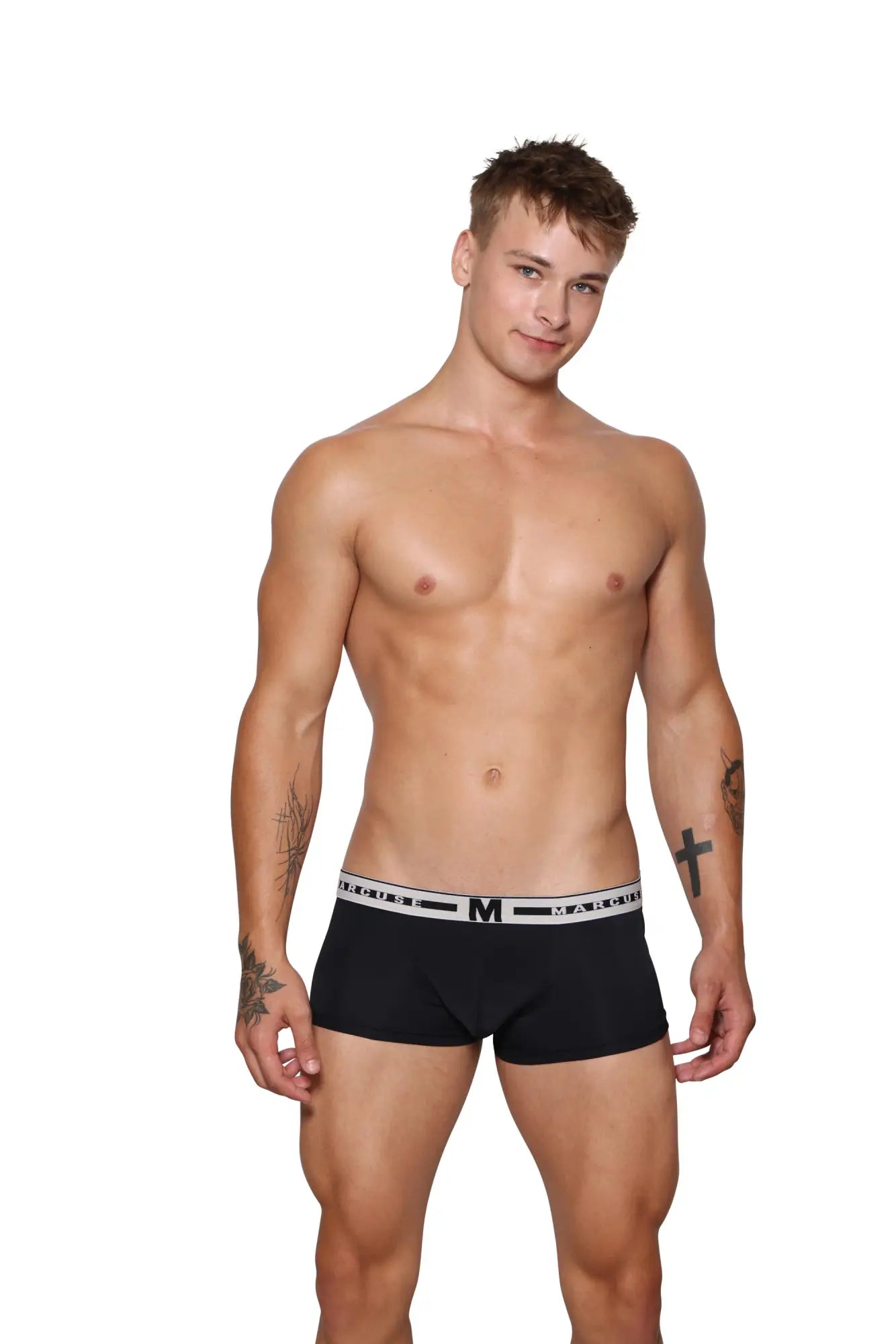 Black men’s marcuse intimate boxer briefs with white elastic waistband featuring m logo and brand name in black lettering