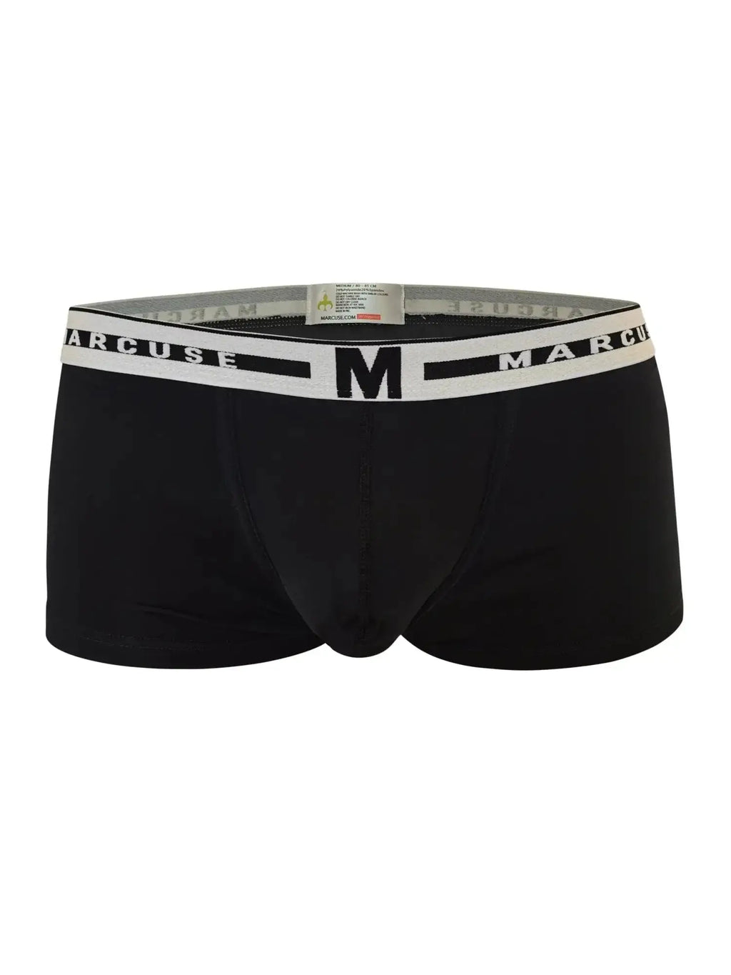 Black mens briefs with a white elastic waistband featuring the arcuse brand name and a large black m logo for comfort