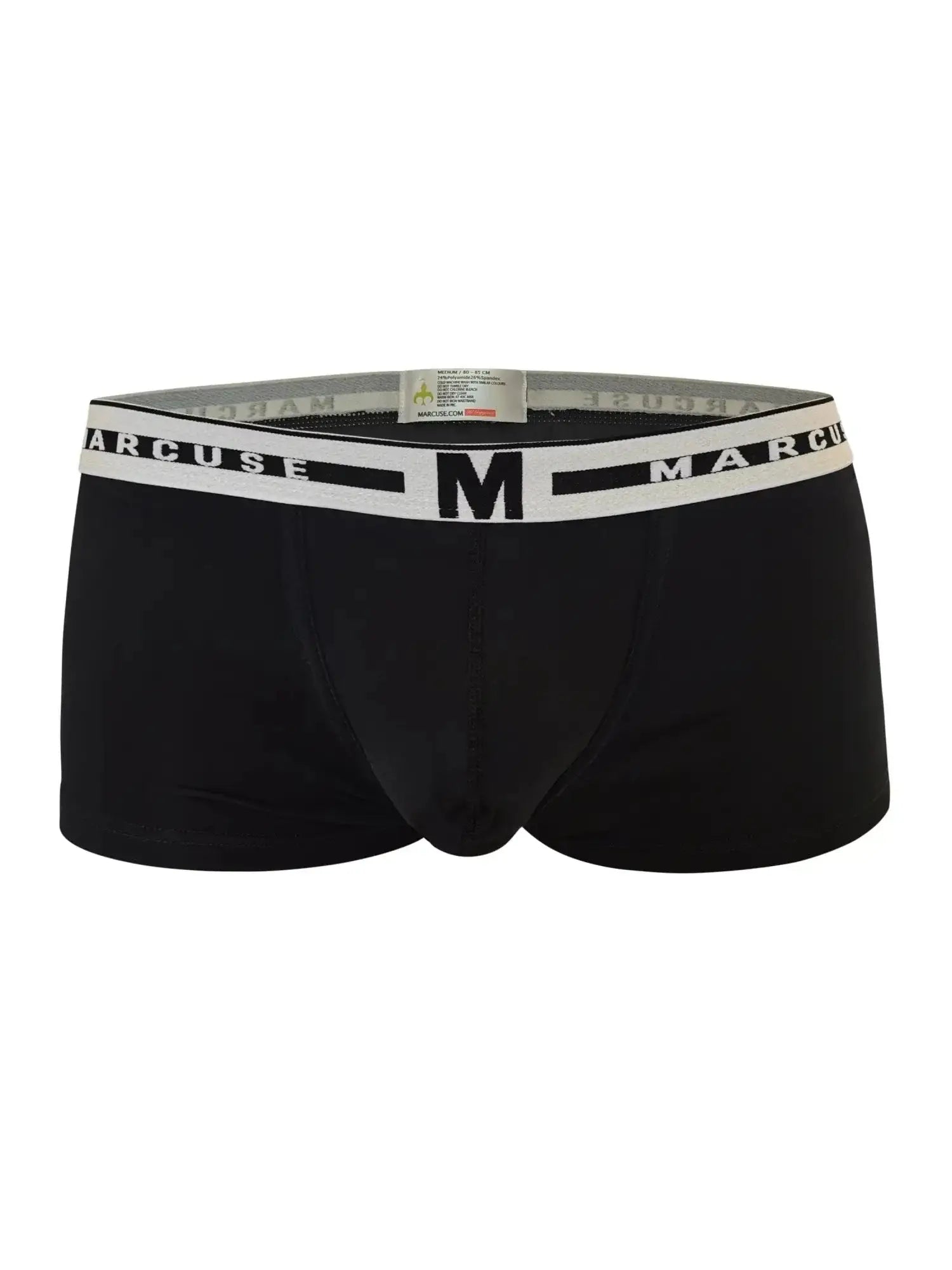 Black mens briefs with a white elastic waistband featuring the arcuse brand name and a large black m logo for comfort