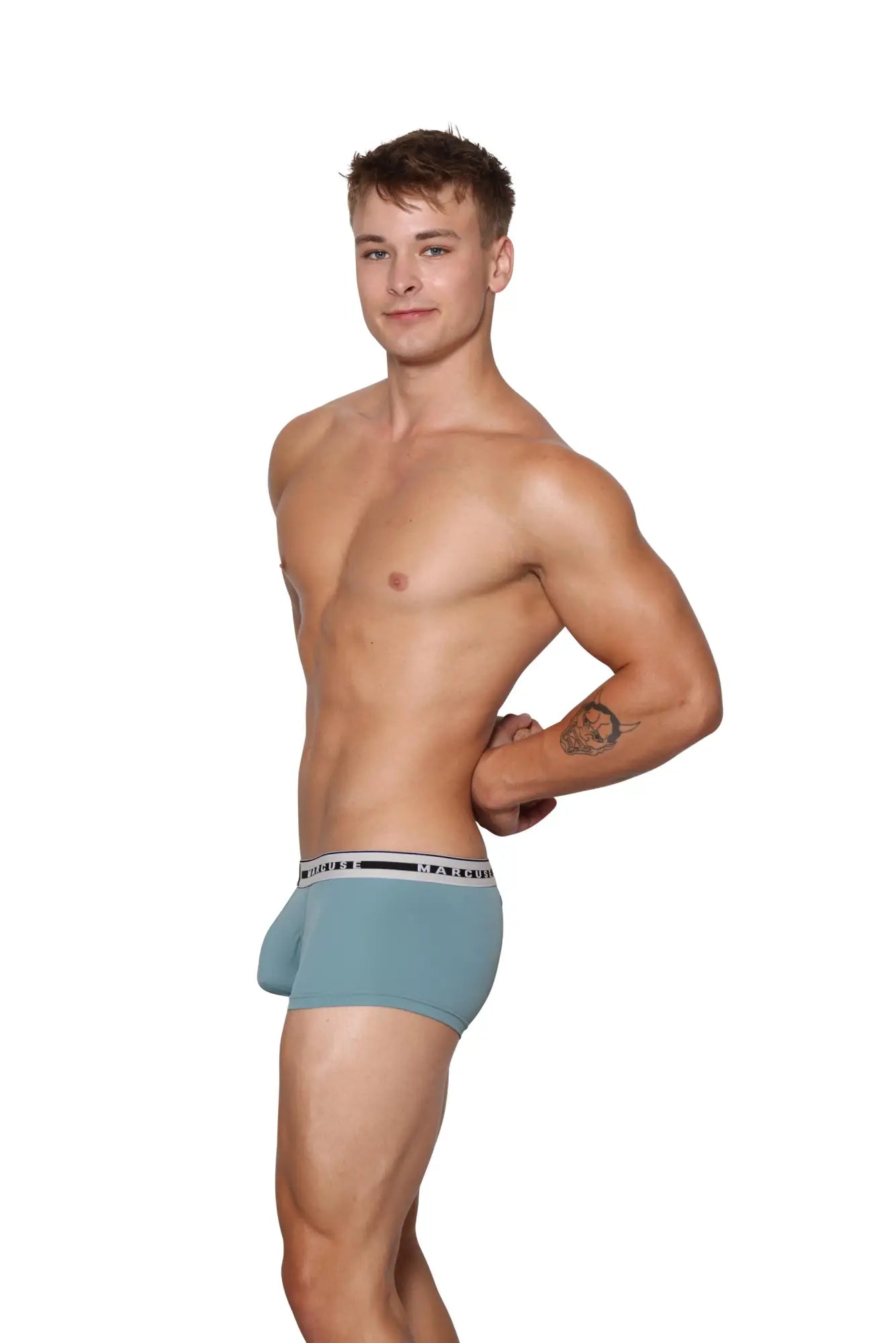 Light blue cotton marcuse intimate boxer briefs with white elastic waistband featuring black text branding