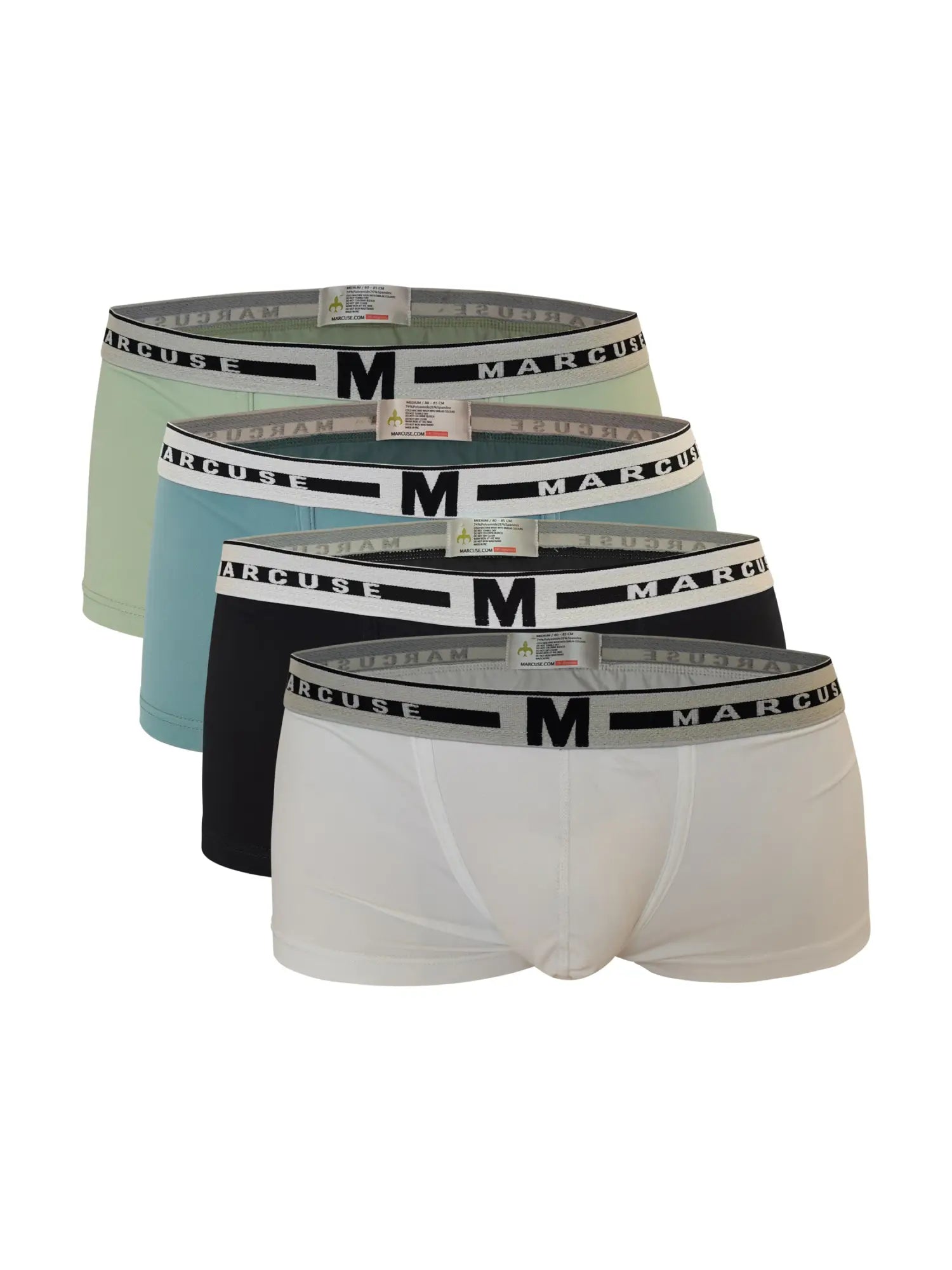 Set of four Marcuse intimate boxer underwear in soft pastel solid colors with branded elastic waistband