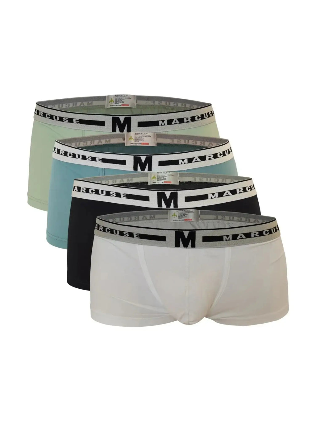 Set of four Marcuse intimate boxer underwear in soft pastel solid colors with branded elastic waistband