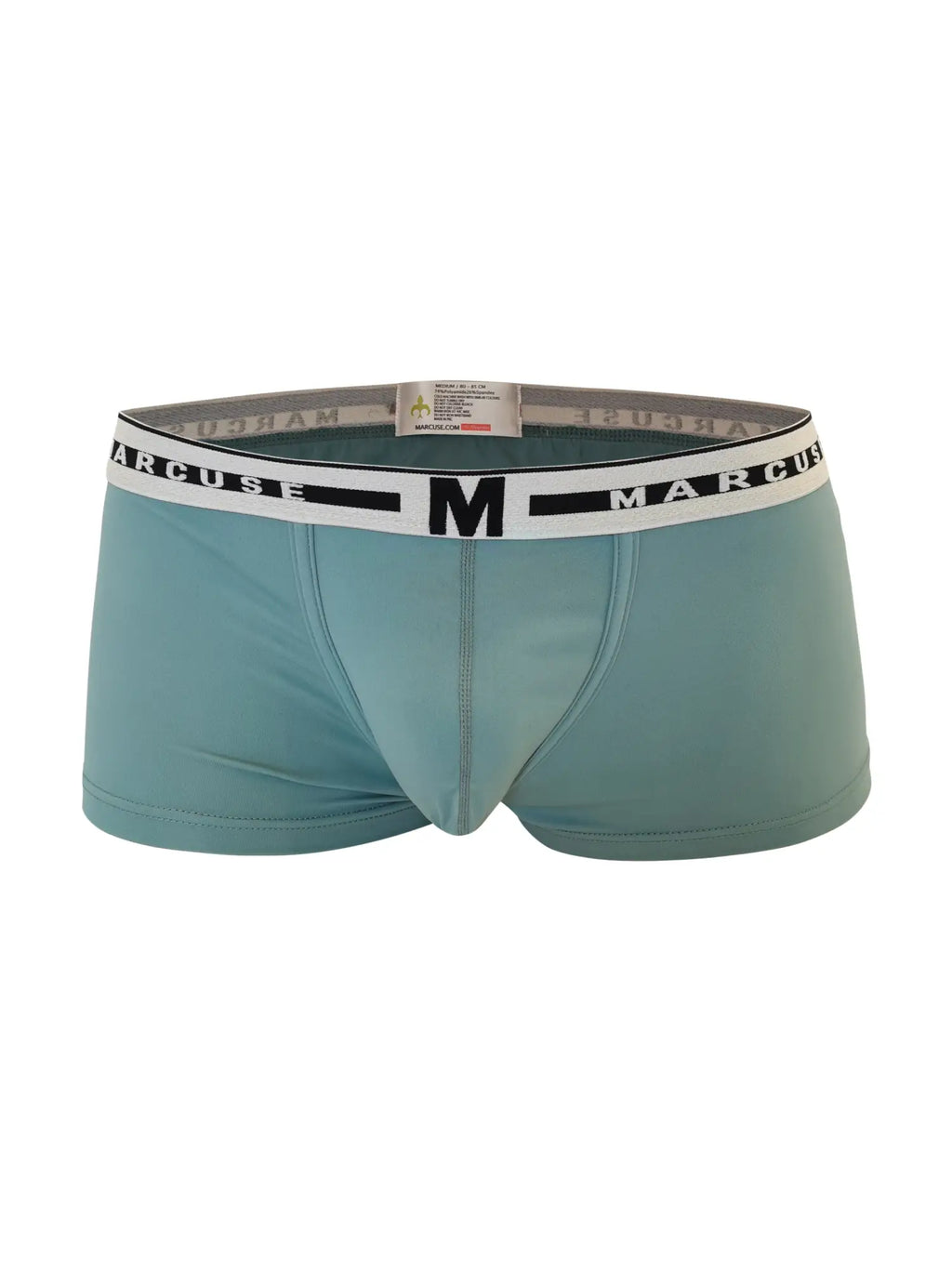 Teal marcuse intimate boxer underwear with white elastic waistband featuring marcuse brand name and logo