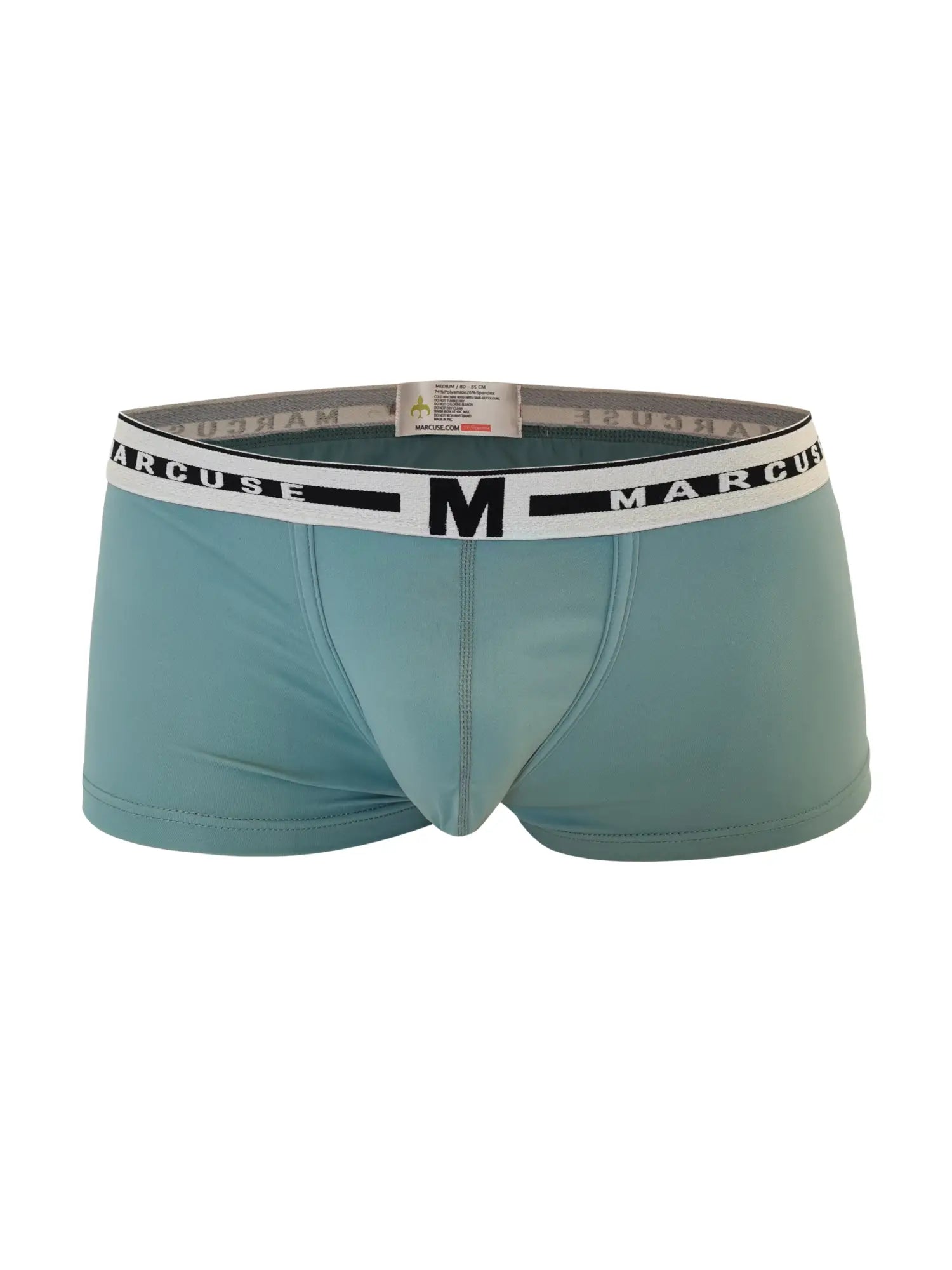 Teal marcuse intimate boxer underwear with white elastic waistband featuring marcuse brand name and logo