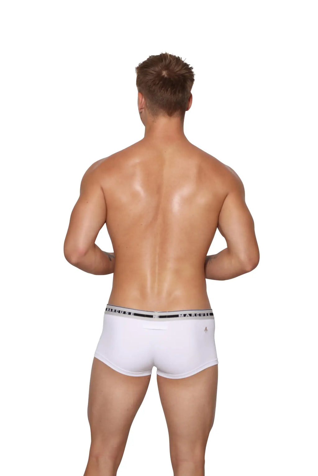 White men’s briefs with black and white striped elastic waistband from marcuse intimate boxer underwear collection