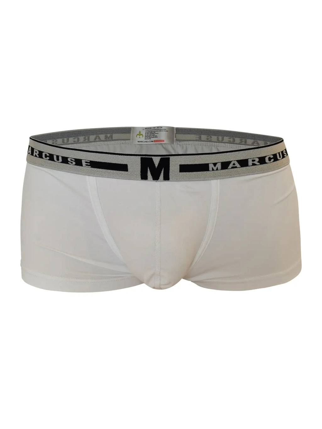 White men’s briefs with a gray waistband featuring marcuse brand name and logo in black for comfortable wear