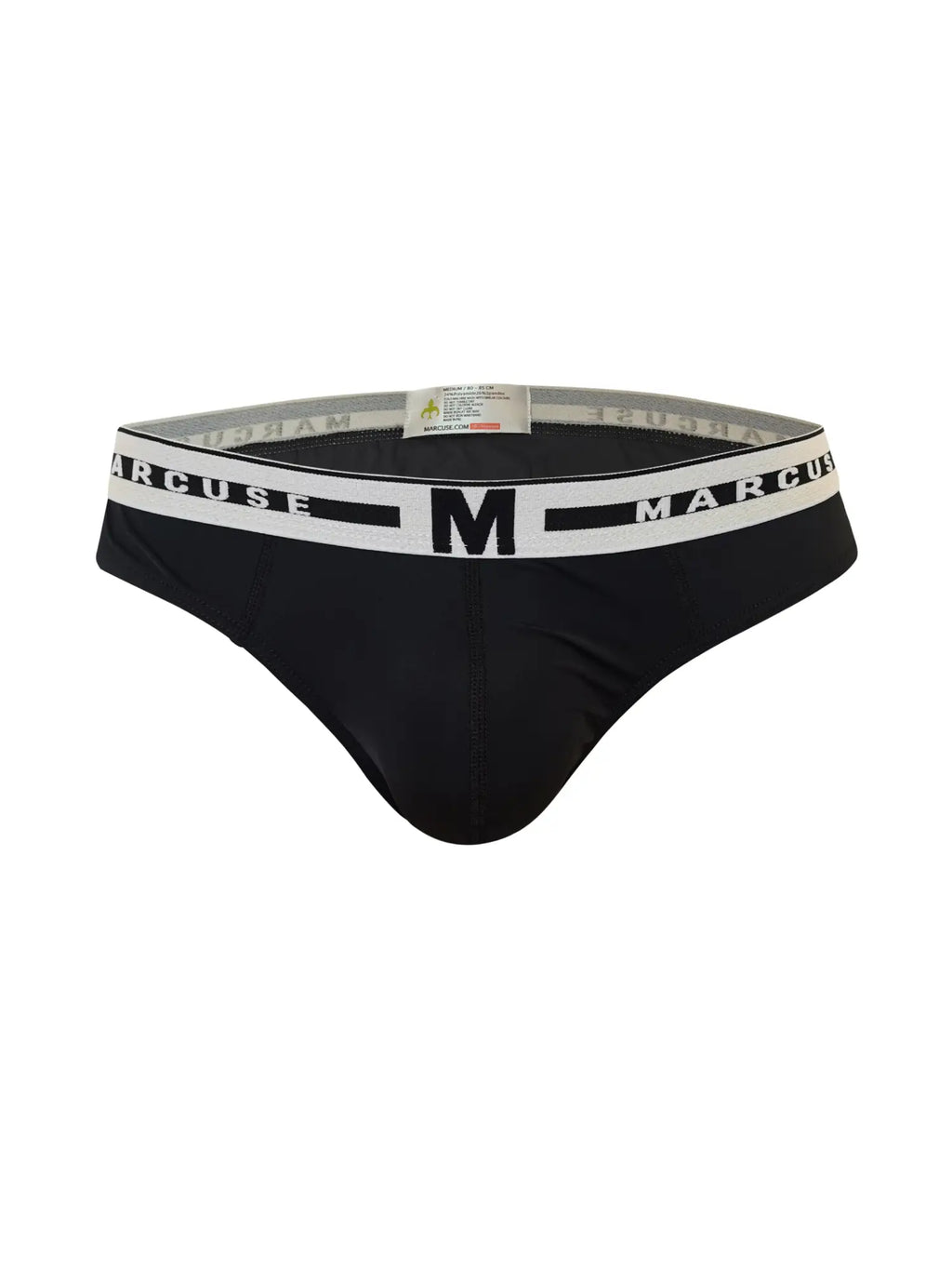 Black marcuse men’s briefs with a white elastic waistband featuring the brand name and logo for intimate wear