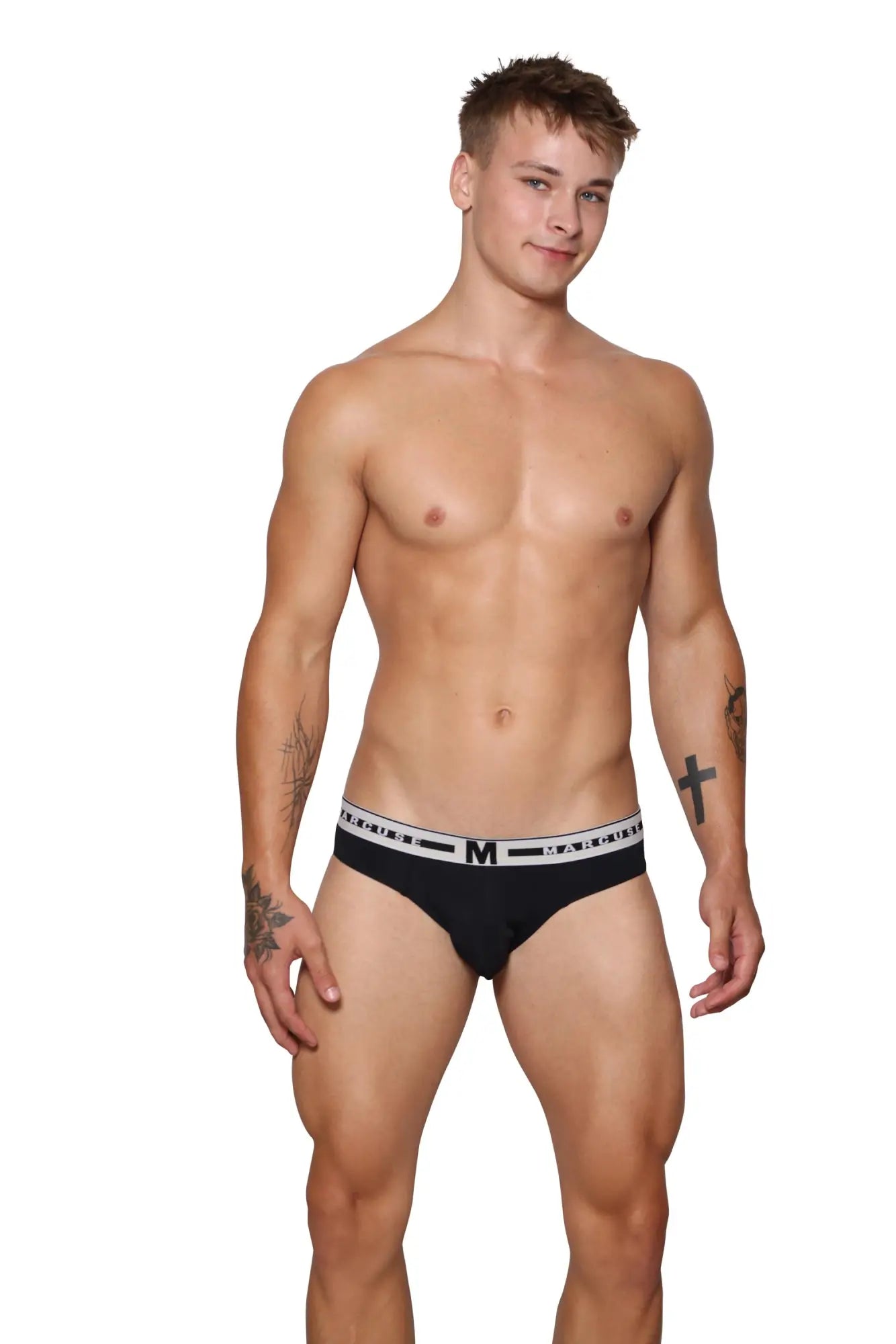 Marcuse intimate brief underwear in black with a white elastic waistband featuring men’s logo in black lettering