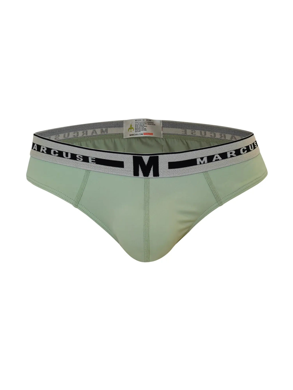 Light green Marcuse men’s briefs with a black and white branded waistband for comfortable intimate wear