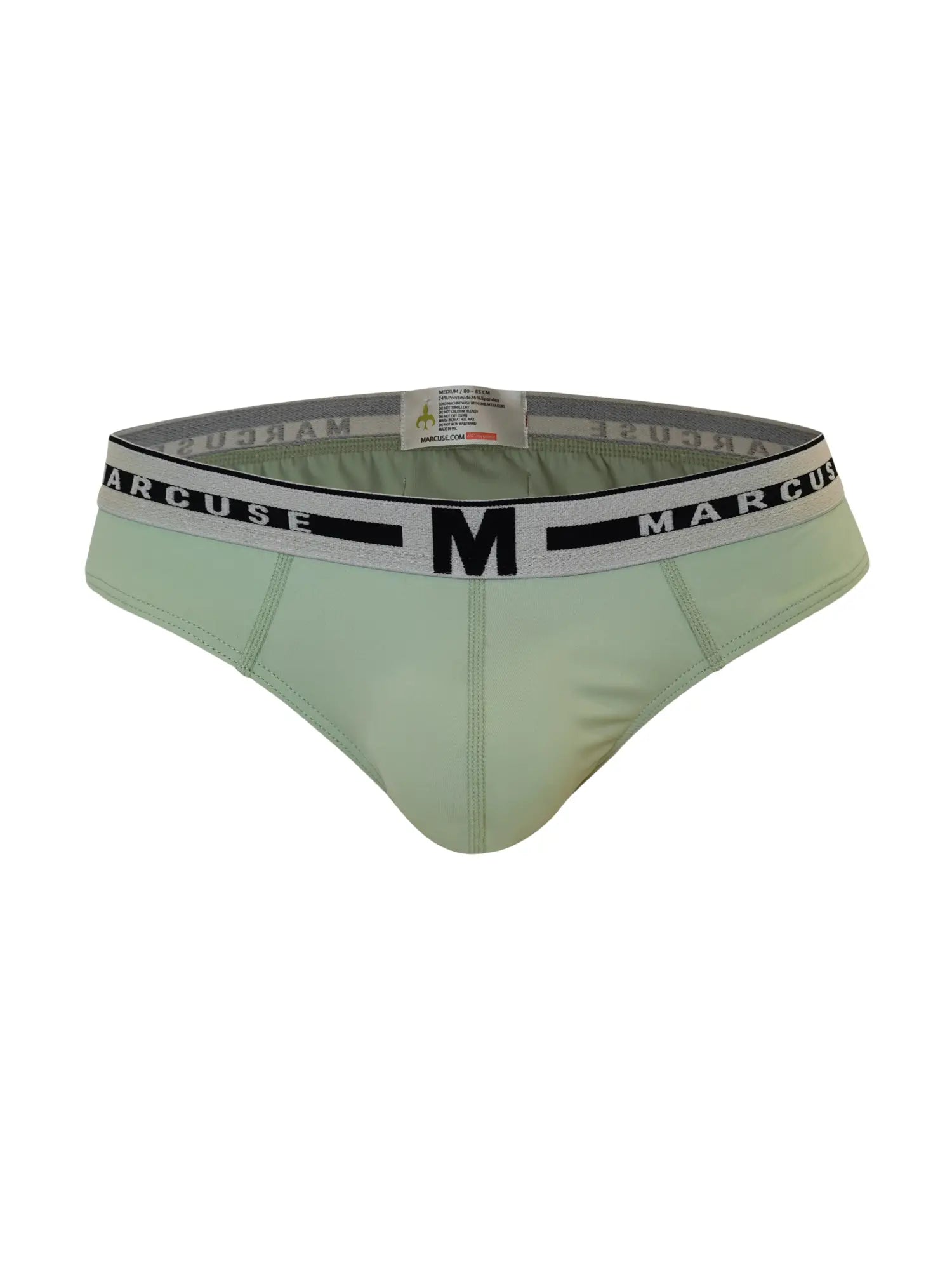 Light green Marcuse men’s briefs with a black and white branded waistband for comfortable intimate wear