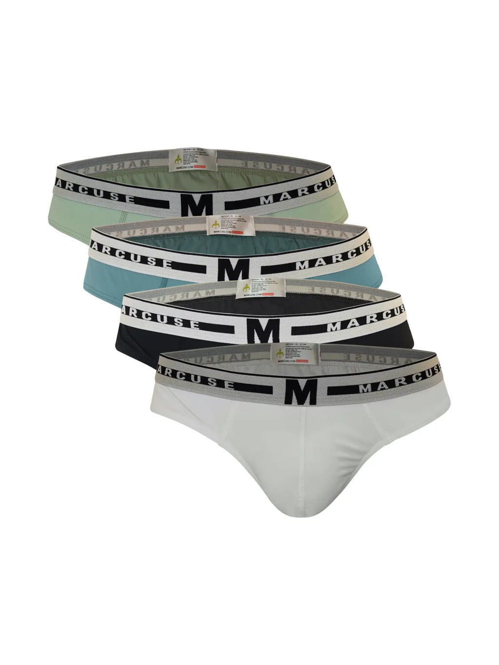 Set of five marcuse intimate brief underwear in assorted solid colors with contrasting elastic waistbands and logo stripe