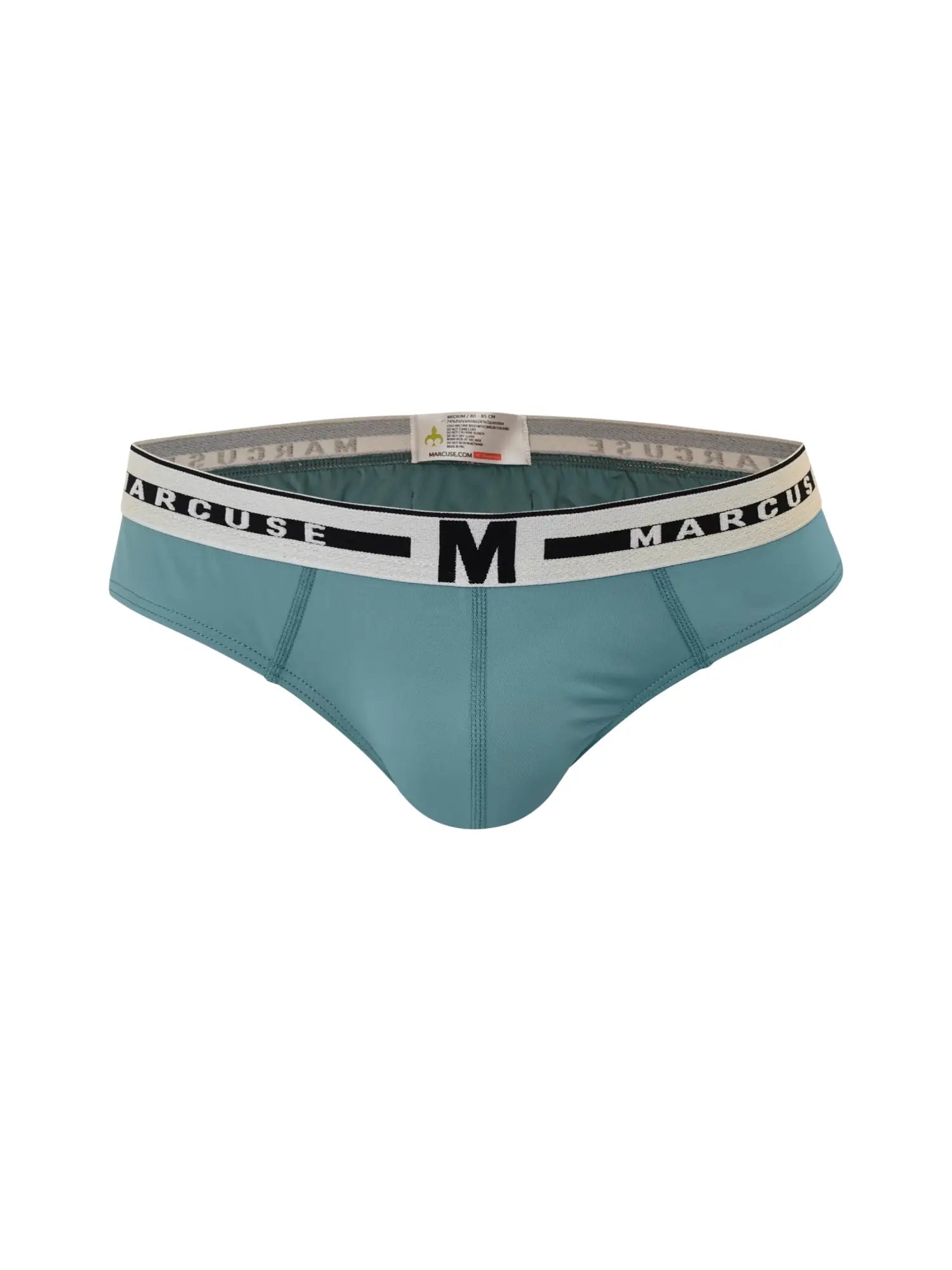 Teal marcuse intimate brief underwear with white waistband featuring arcuse brand name and central black m logo