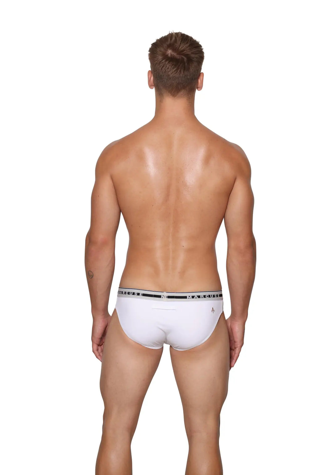 White marcuse intimate brief underwear with black elastic waistband featuring breath lettering for comfortable wear