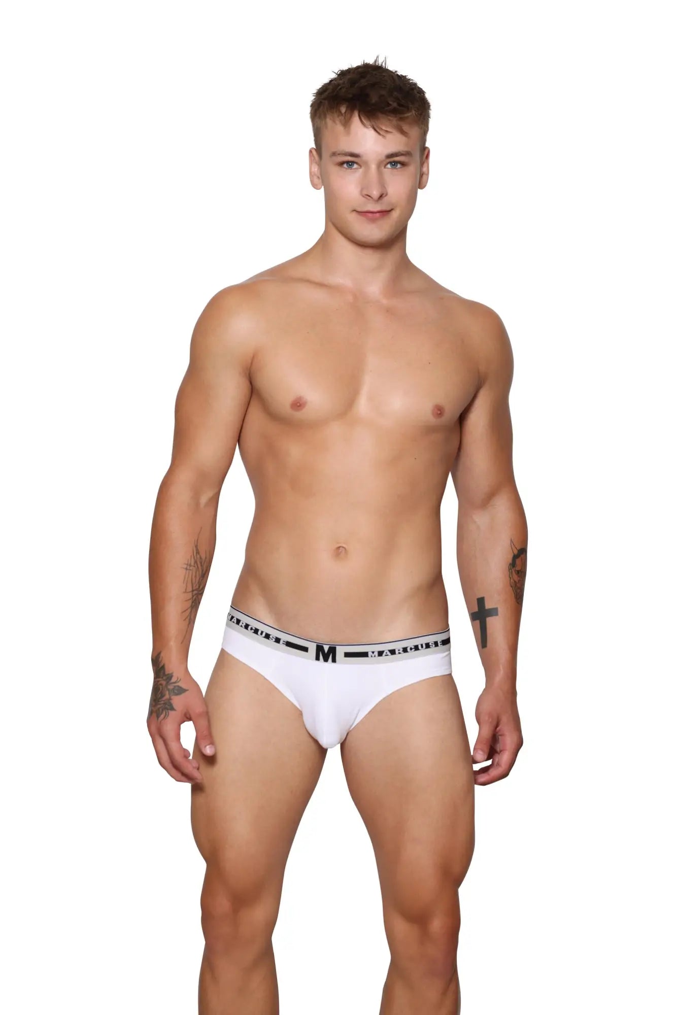 White men’s briefs with a black elastic waistband featuring marcuse logo designed for comfortable everyday wear