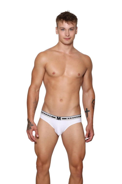 White men’s briefs with a black elastic waistband featuring marcuse logo designed for comfortable everyday wear