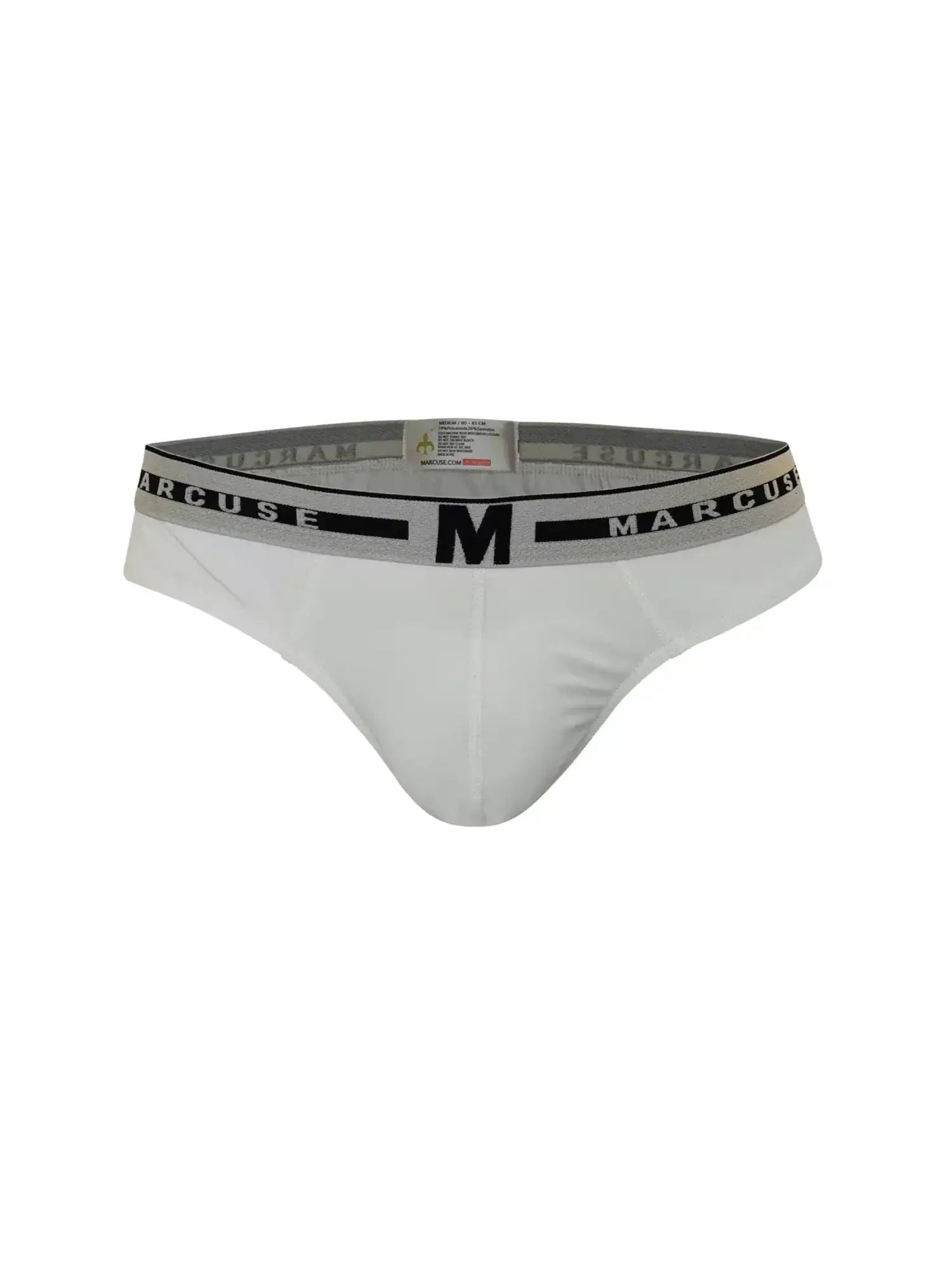 White marcuse men’s briefs with gray waistband black marcuse lettering and central logo in marcuse intimate brief underwear