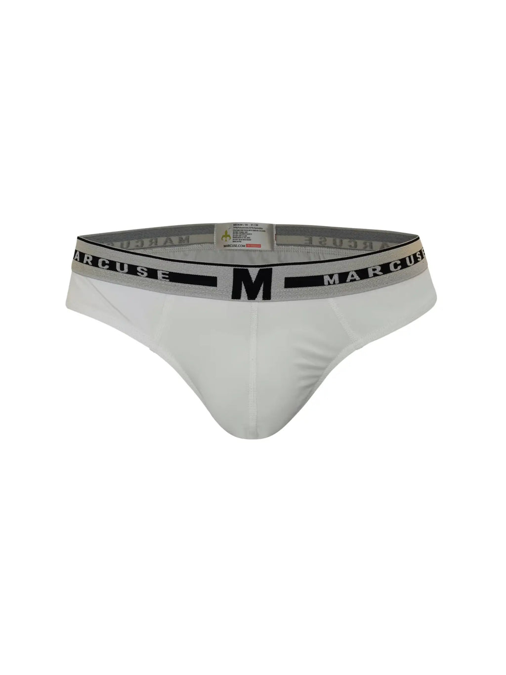 White marcuse men’s briefs with gray waistband black marcuse lettering and central logo in marcuse intimate brief underwear