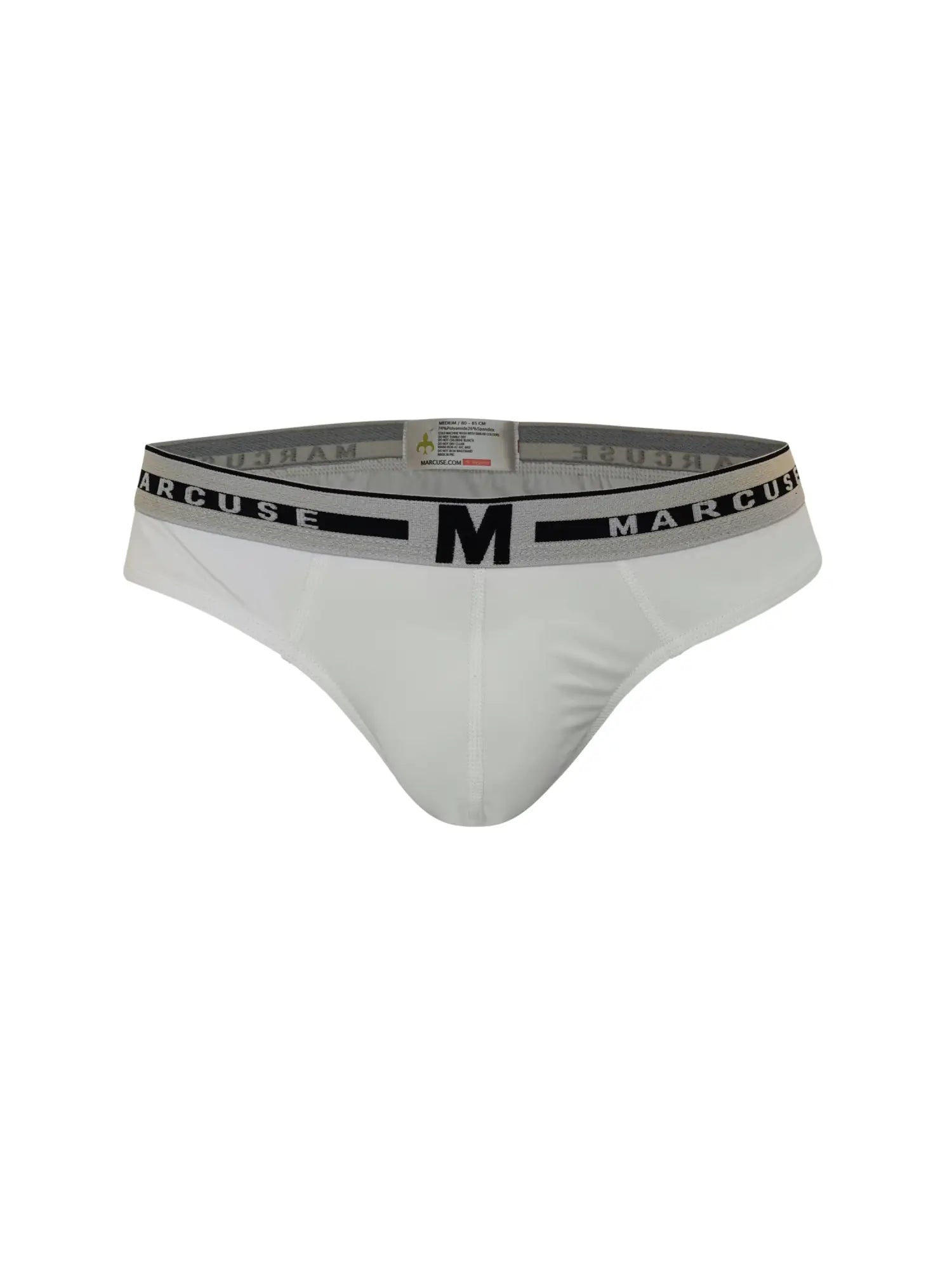 White marcuse men’s briefs with gray waistband black marcuse lettering and central logo in marcuse intimate brief underwear
