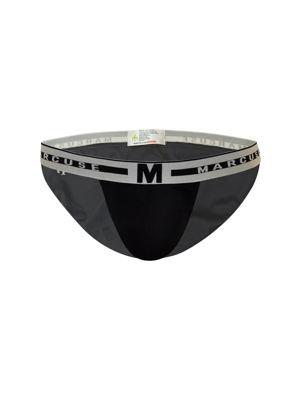 Black Marcuse men’s hipster briefs with gray waistband featuring brand name and logo in black lettering