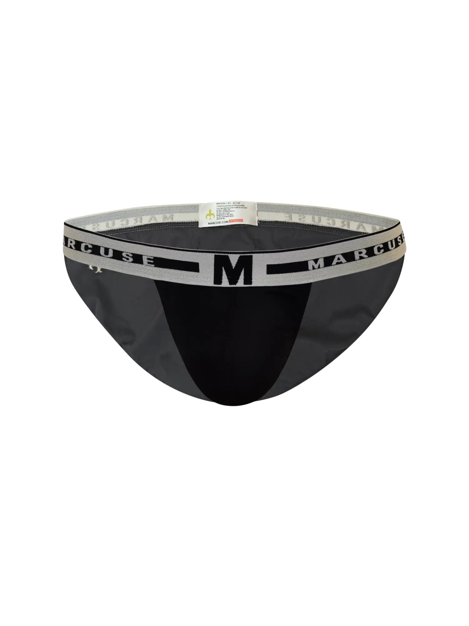 Black Marcuse men’s hipster briefs with gray waistband featuring brand name and logo in black lettering