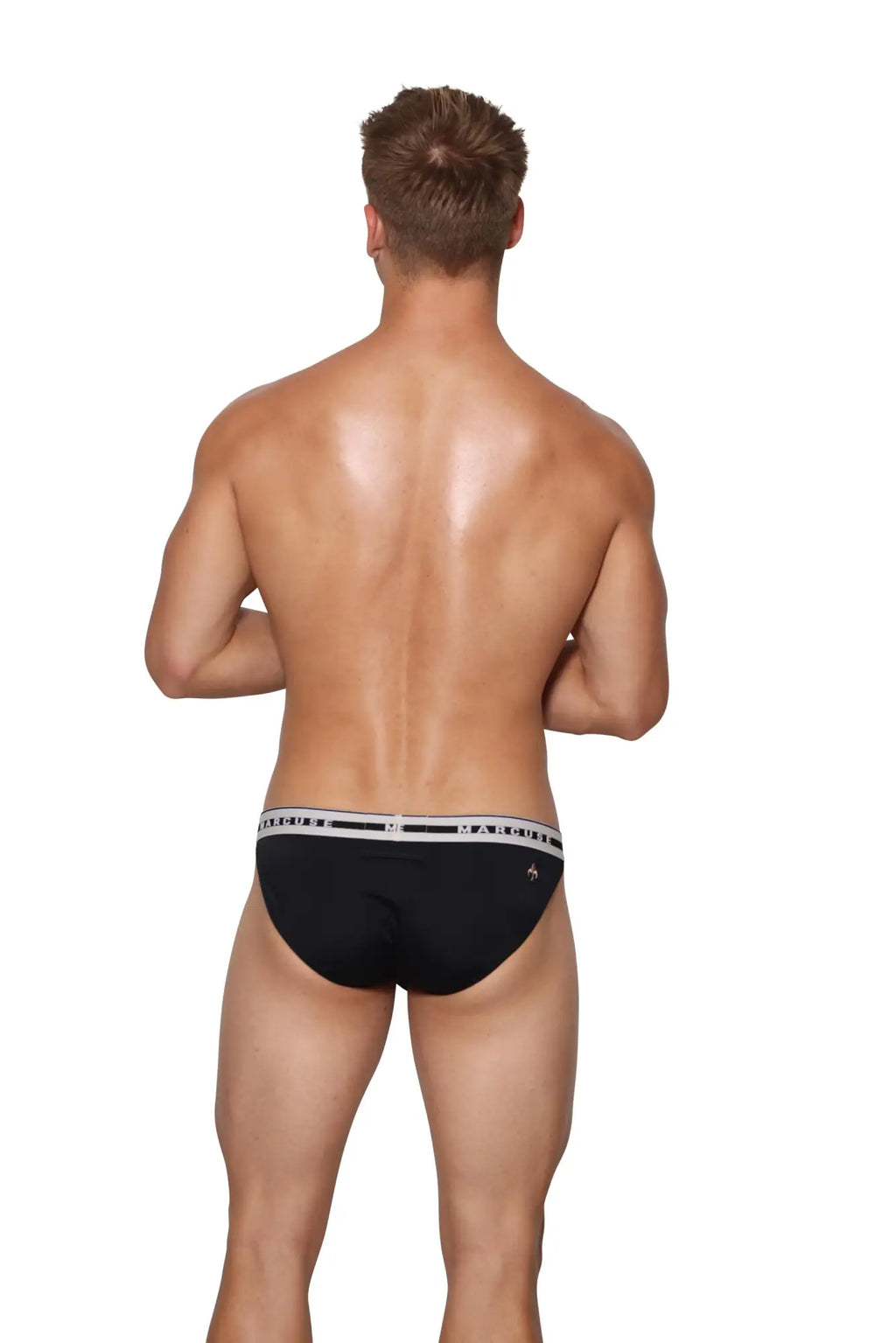 Black marcuse intimate hipster underwear briefs with white elastic waistband featuring black lettering and logo