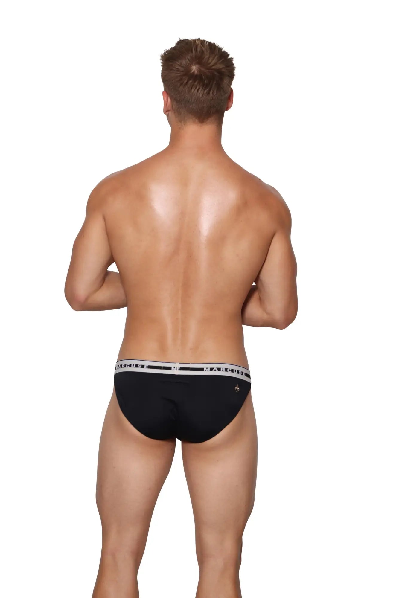 Black marcuse intimate hipster underwear briefs with white elastic waistband featuring black lettering and logo