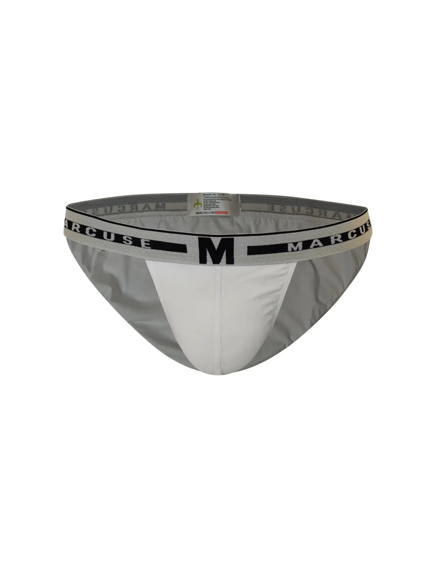 Gray and white marcuse intimate hipster underwear briefs with black logo band designed for comfort and style