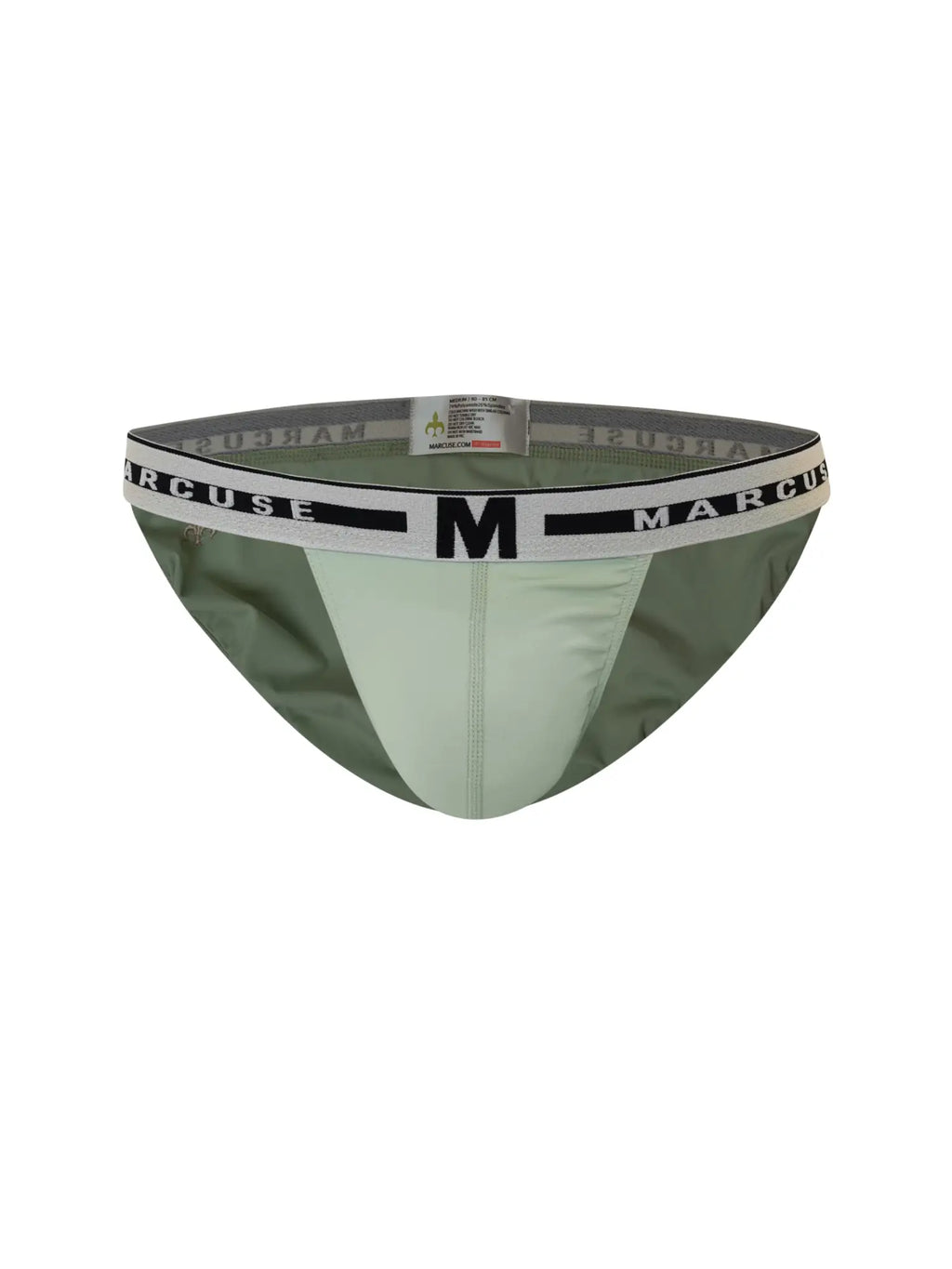 Marcuse intimate hipster underwear olive green and light mint men’s briefs with white waistband and black branding