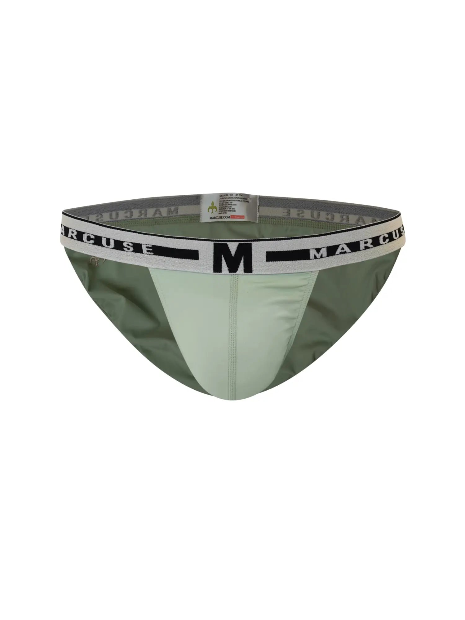 Marcuse intimate hipster underwear olive green and light mint men’s briefs with white waistband and black branding