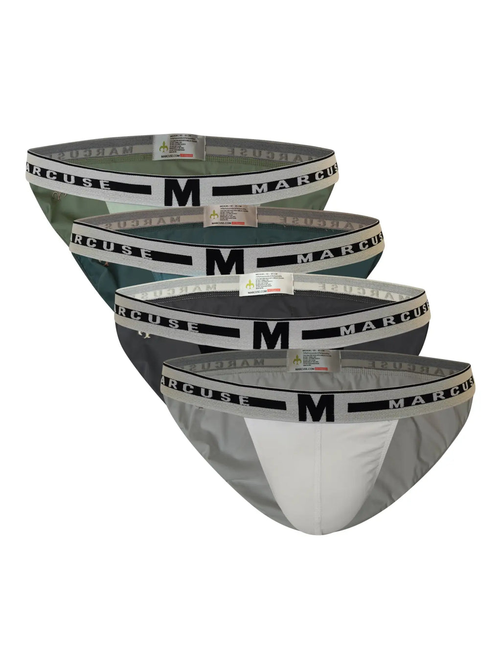Set of four marcuse intimate hipster men’s briefs in muted green dark gray light gray with white lining and black logo band