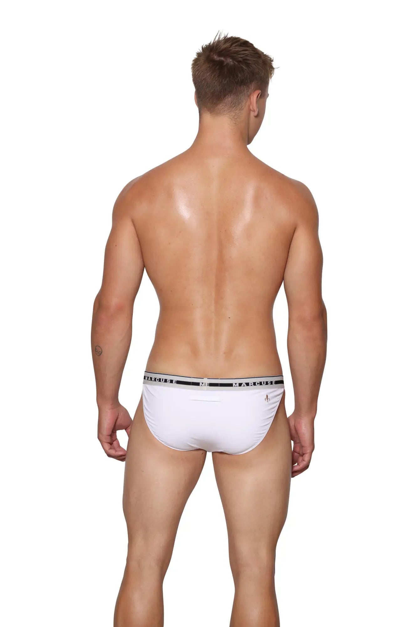 White men’s briefs with black elastic waistband featuring marc jacobs logo in white from marcuse intimate hipster underwear